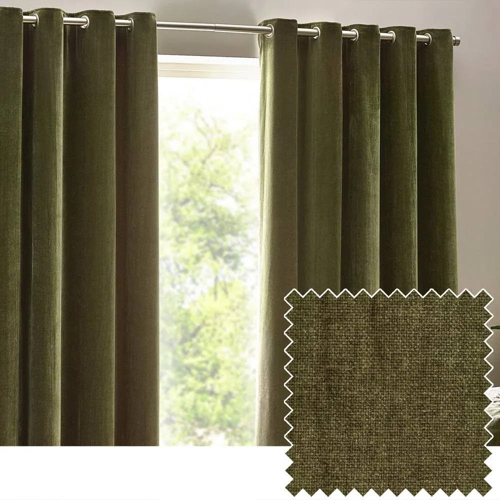 Yard Heavy Chenille Blackout Eyelet Curtain Pair in Olive 1