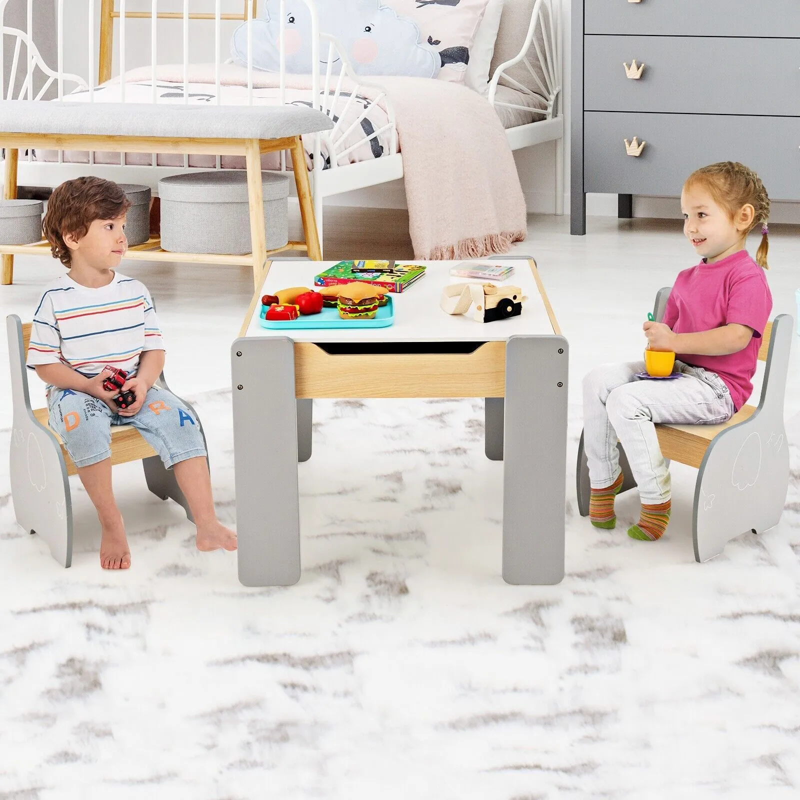 Costway 4 in 1 Activity Table & Chairs Wooden Furniture Set w/ Storage in Grey 4