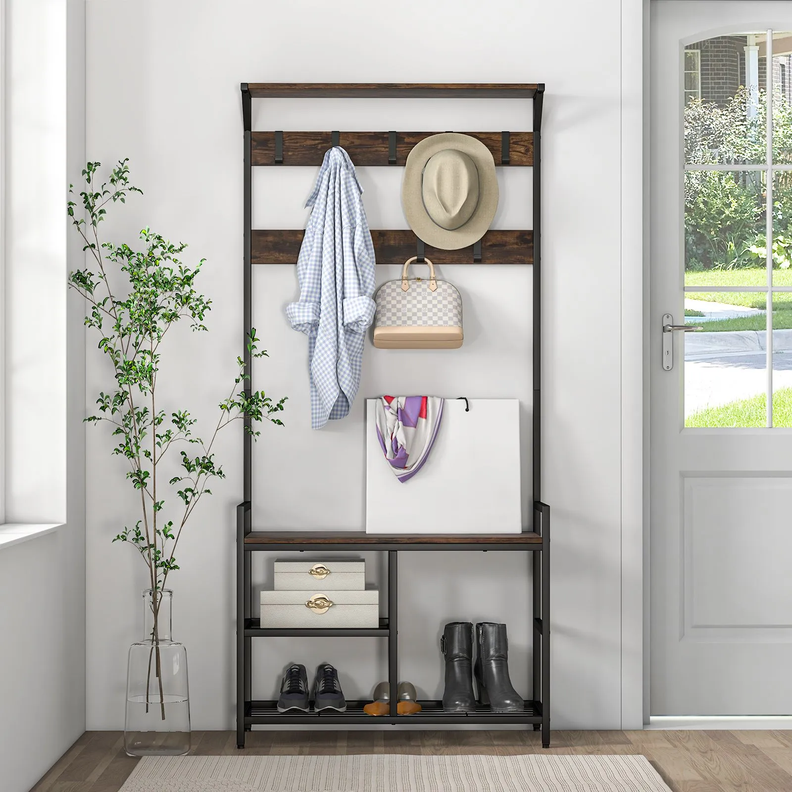 Costway 3-in-1 Coat Rack Hall Tree with Shoe Bench & Shoe Storage in Brown 3