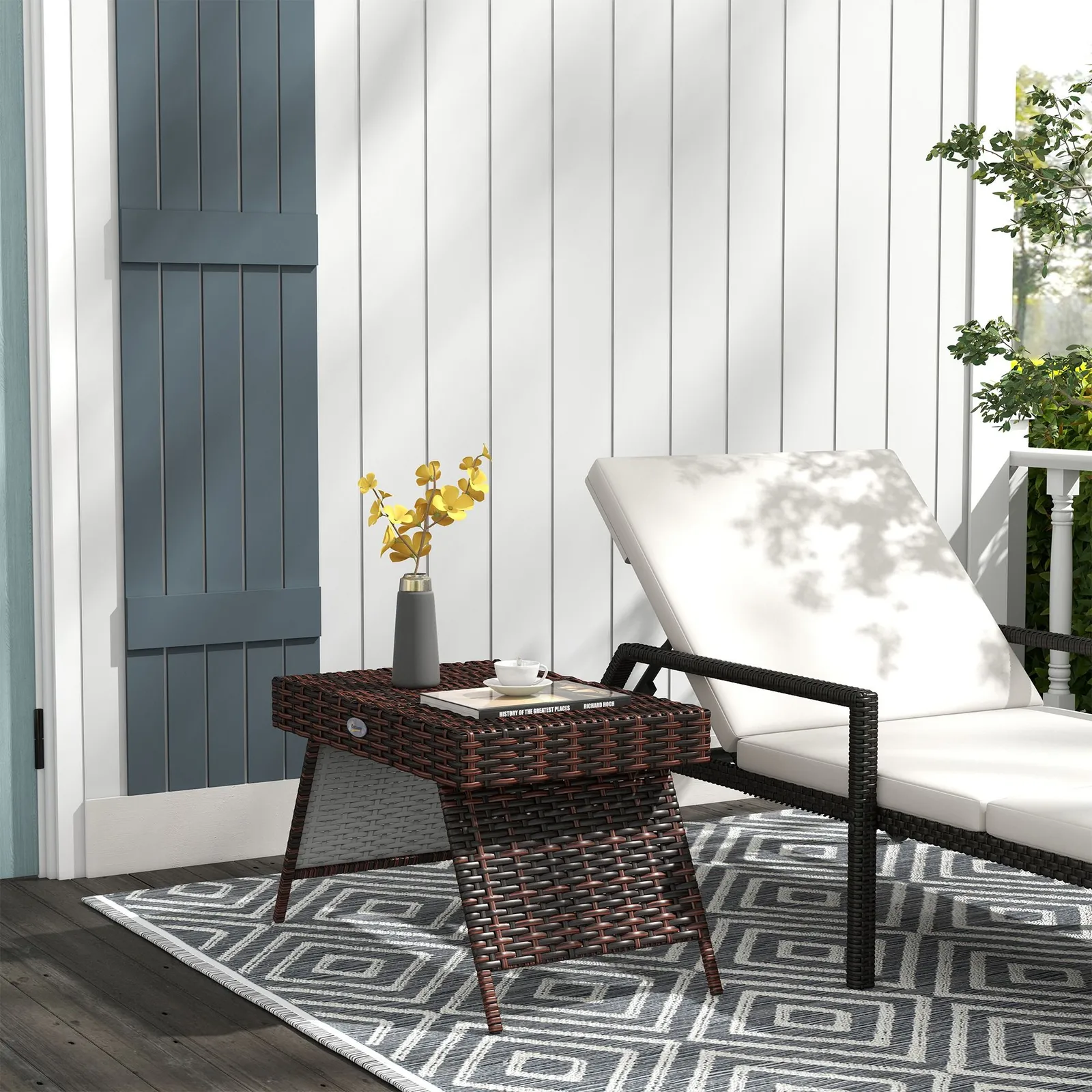 OUTSUNNY Foldable Outdoor Coffee Table, Steel Frame Rattan Side Table, Brown