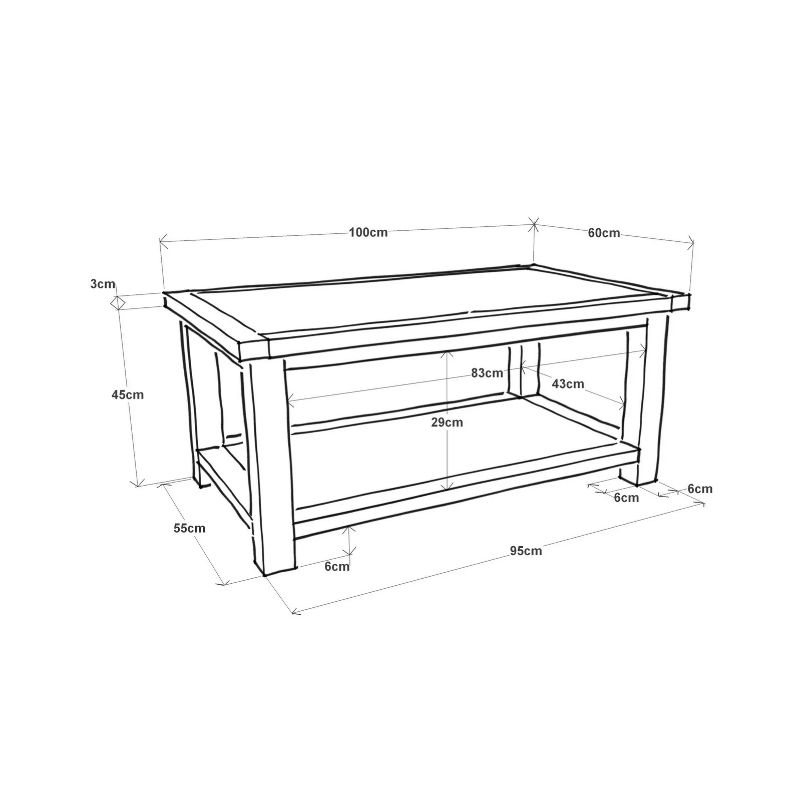 Cabinet Bits Coffee Table with Shelf - H45 W100 D60cm in Brown 6