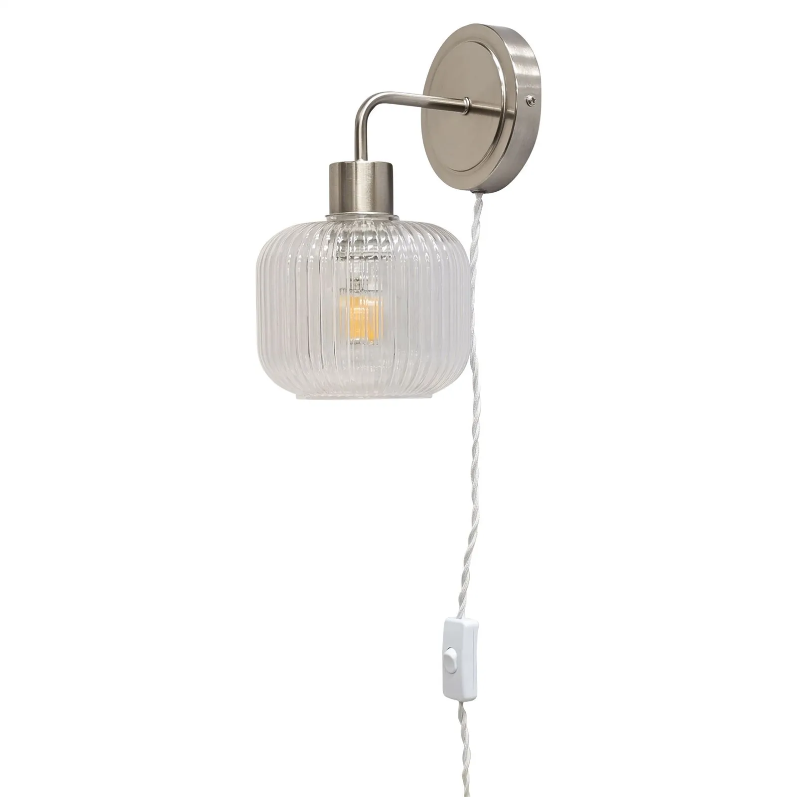 First Choice Lighting Set of 2 Toby - Satin Nickel Plug in Wall Lights Ribbed Glass Shades in Silver 2