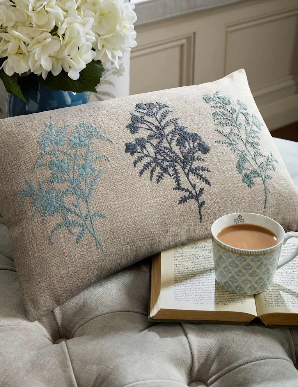 Laura Ashley Tenby Floral Embroidered Bolster Cushion Blue Mix