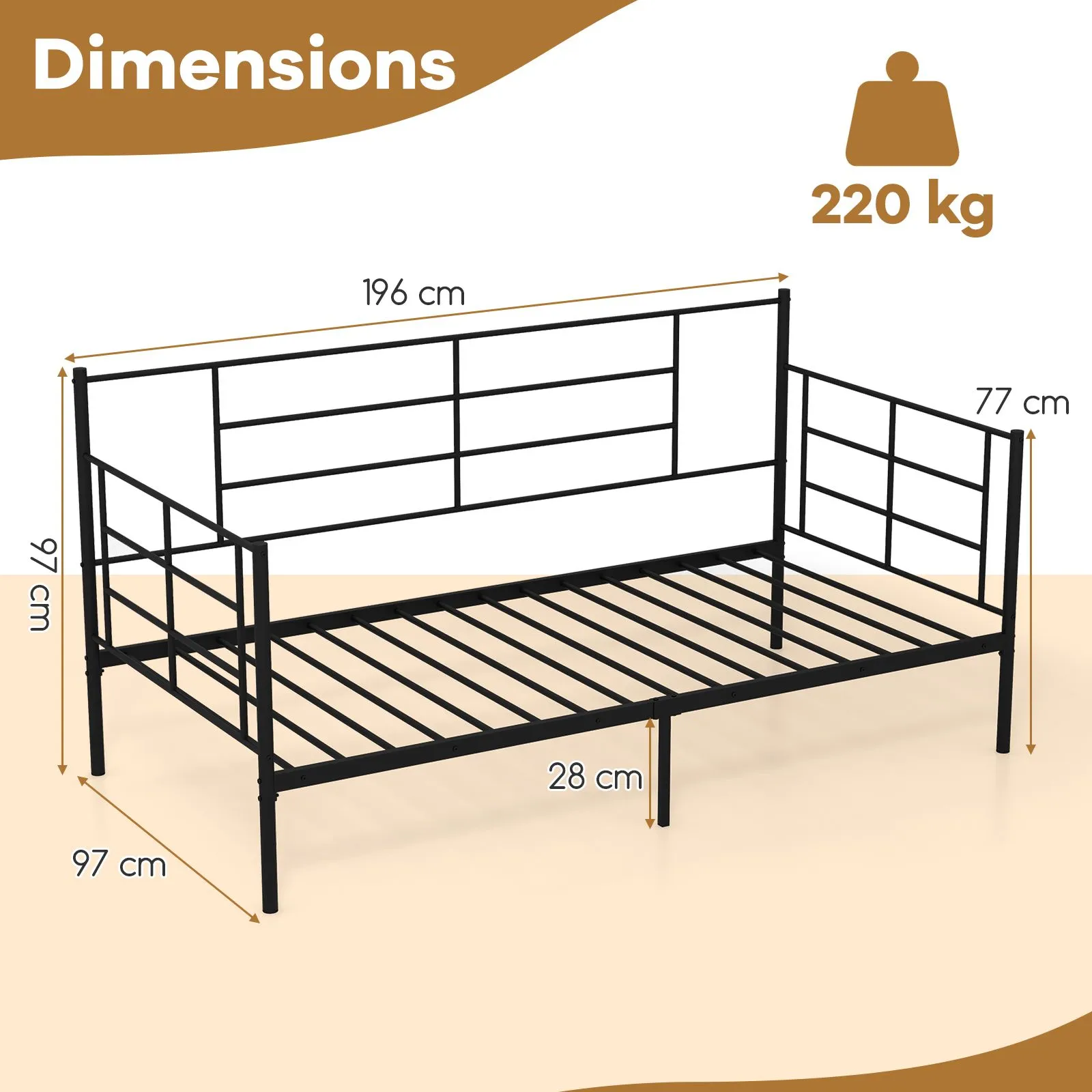 Costway Single Size Metal Sofa Bed Single Platform Bed Daybed with Arms & Back in Black 2