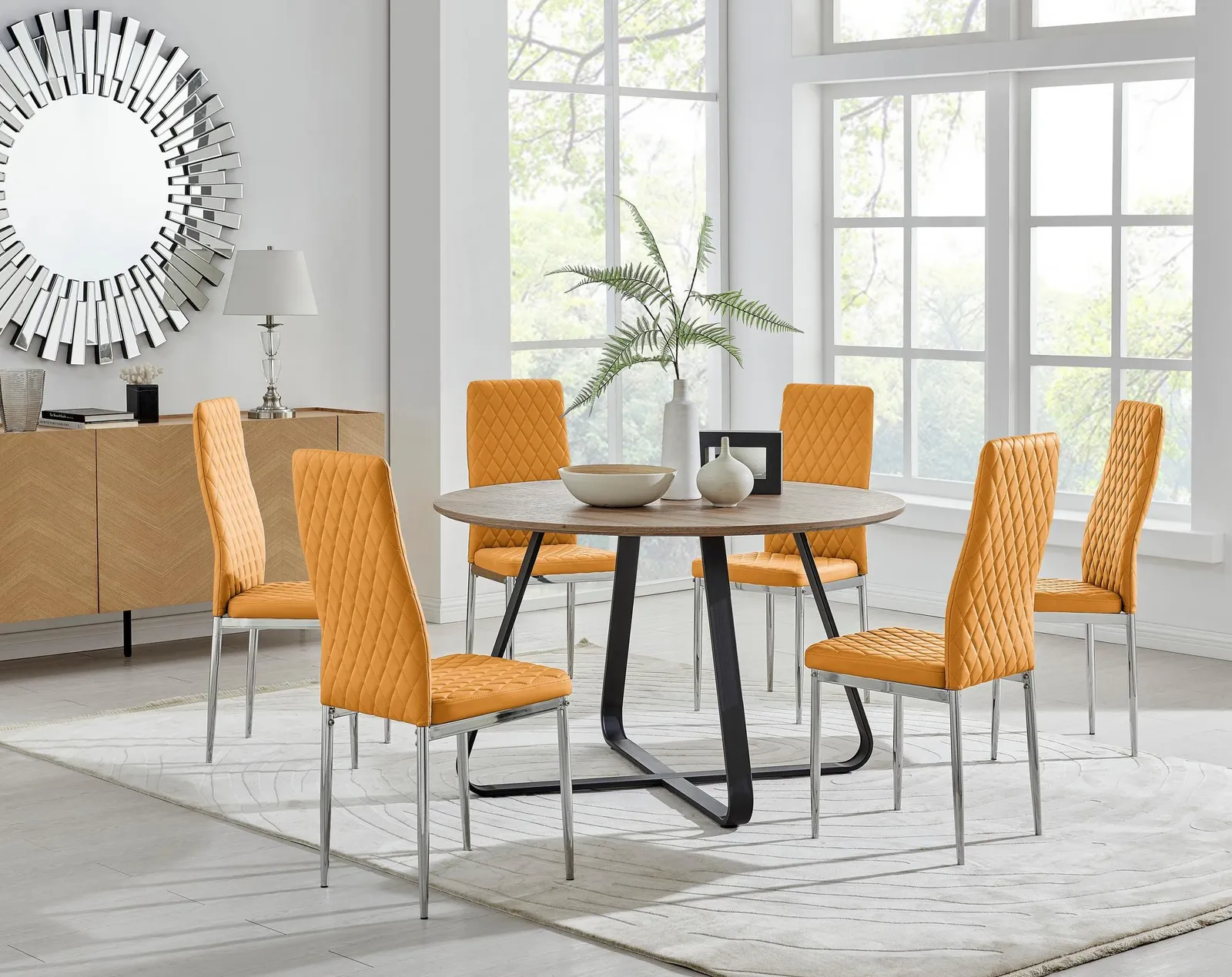 FurnitureboxUK Santorini Brown Wood Effect Dining Table & 6 Milan Chrome Leg Chairs in Mustard 1