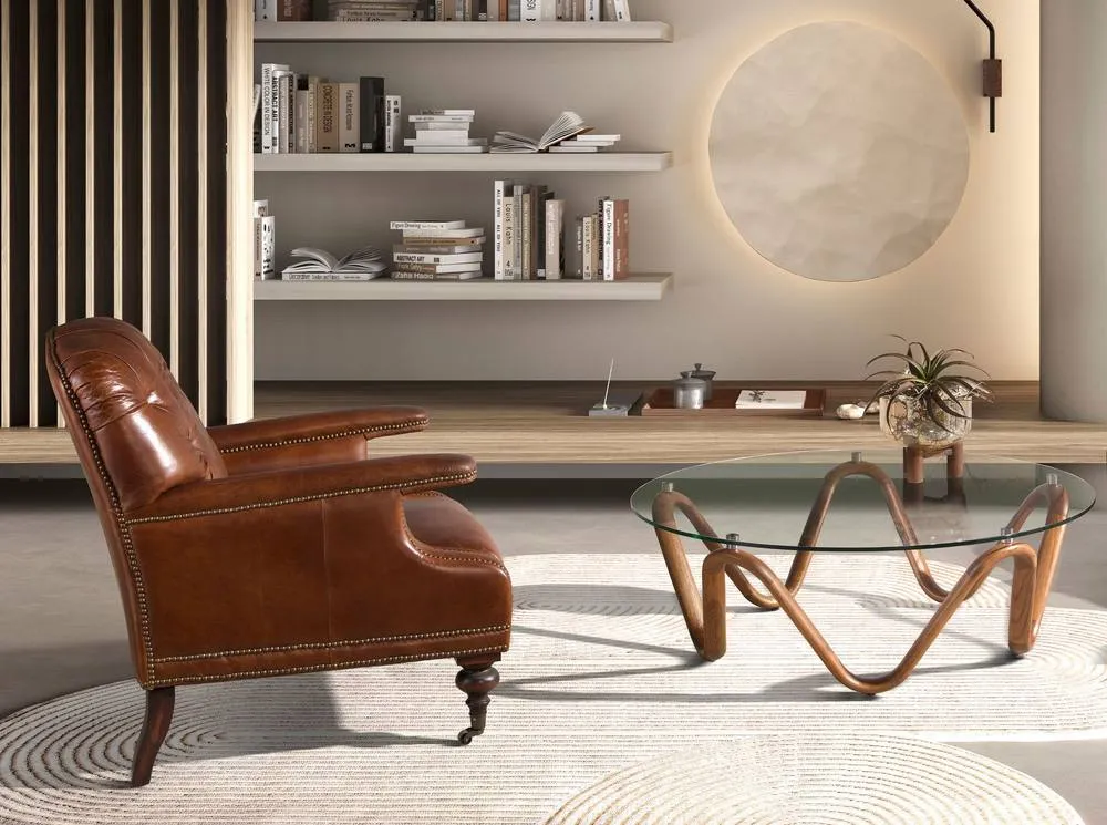 Angel Cerda Round Coffee Table Tempered Glass Top, Walnut-Colour in Brown 3