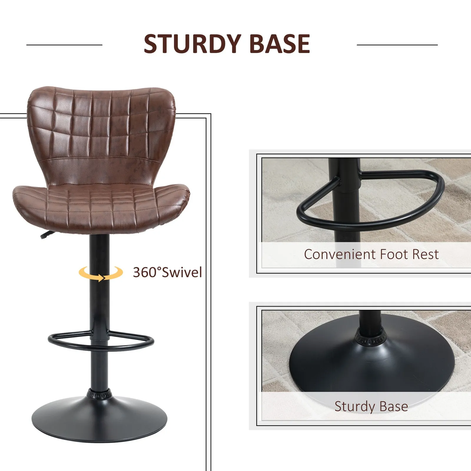 HOMCOM Stools Set of 2 PU Leather Adjustable Height Swivel Bar Chairs w/ Footrest in Brown 6