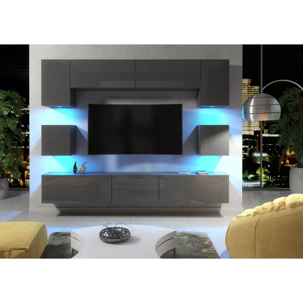 Creative Furniture Panorama Wall TV Unit - Dark Grey with Gloss Doors & LED Lights 2