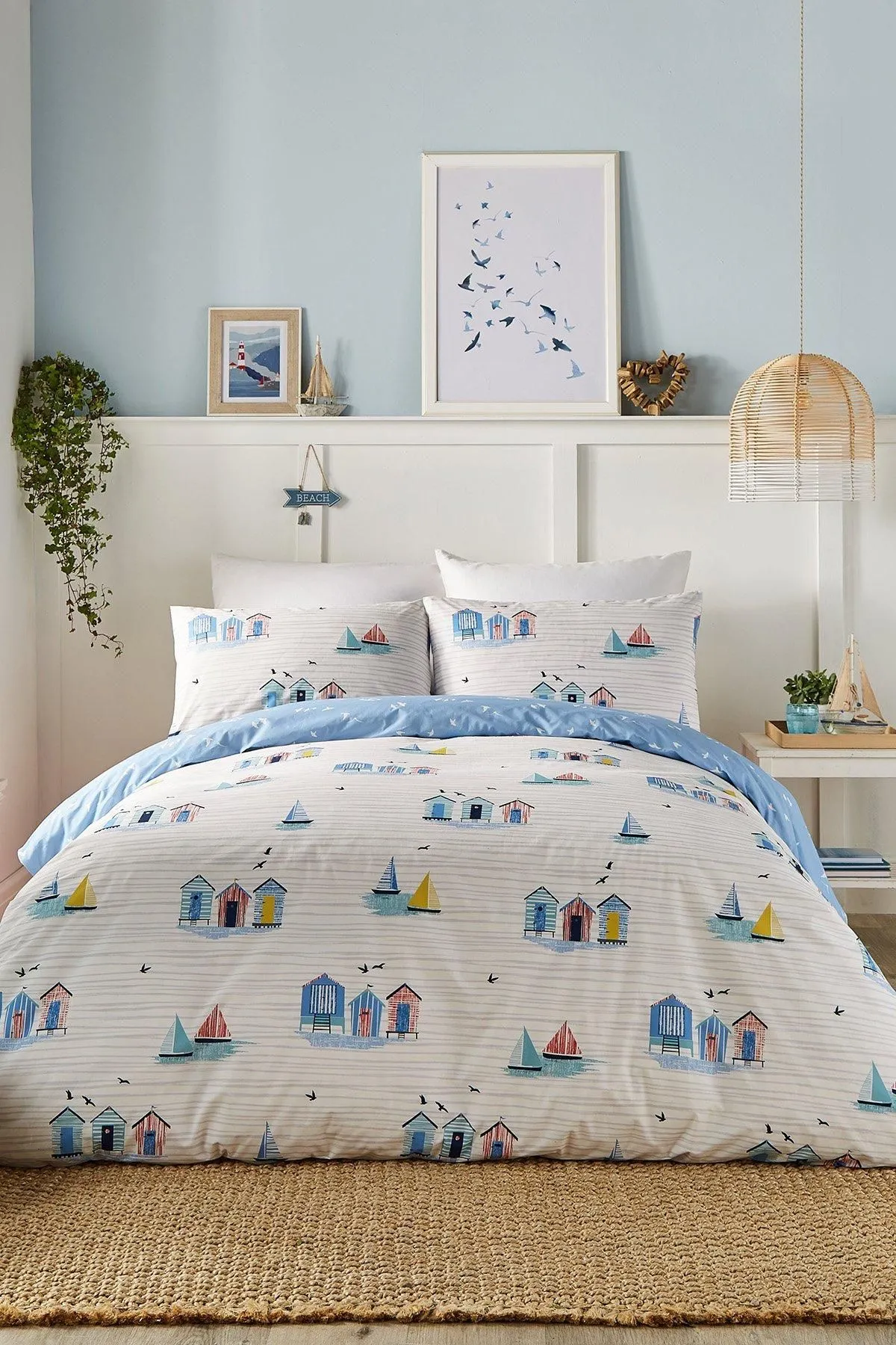 Fusion 'Beach Huts' Summer Seaside Print Duvet Cover Set in Blue 1