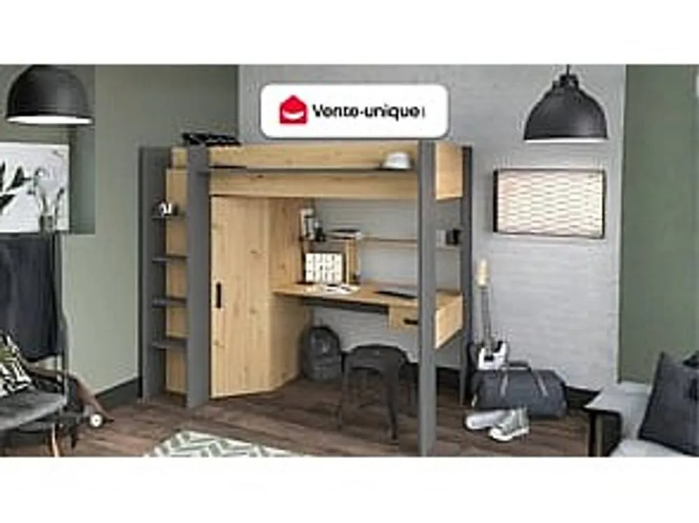 Vente-unique High Sleeper Bed With Desk & Wardrobe - 90 X 200 Cm - Natural and in Grey 4