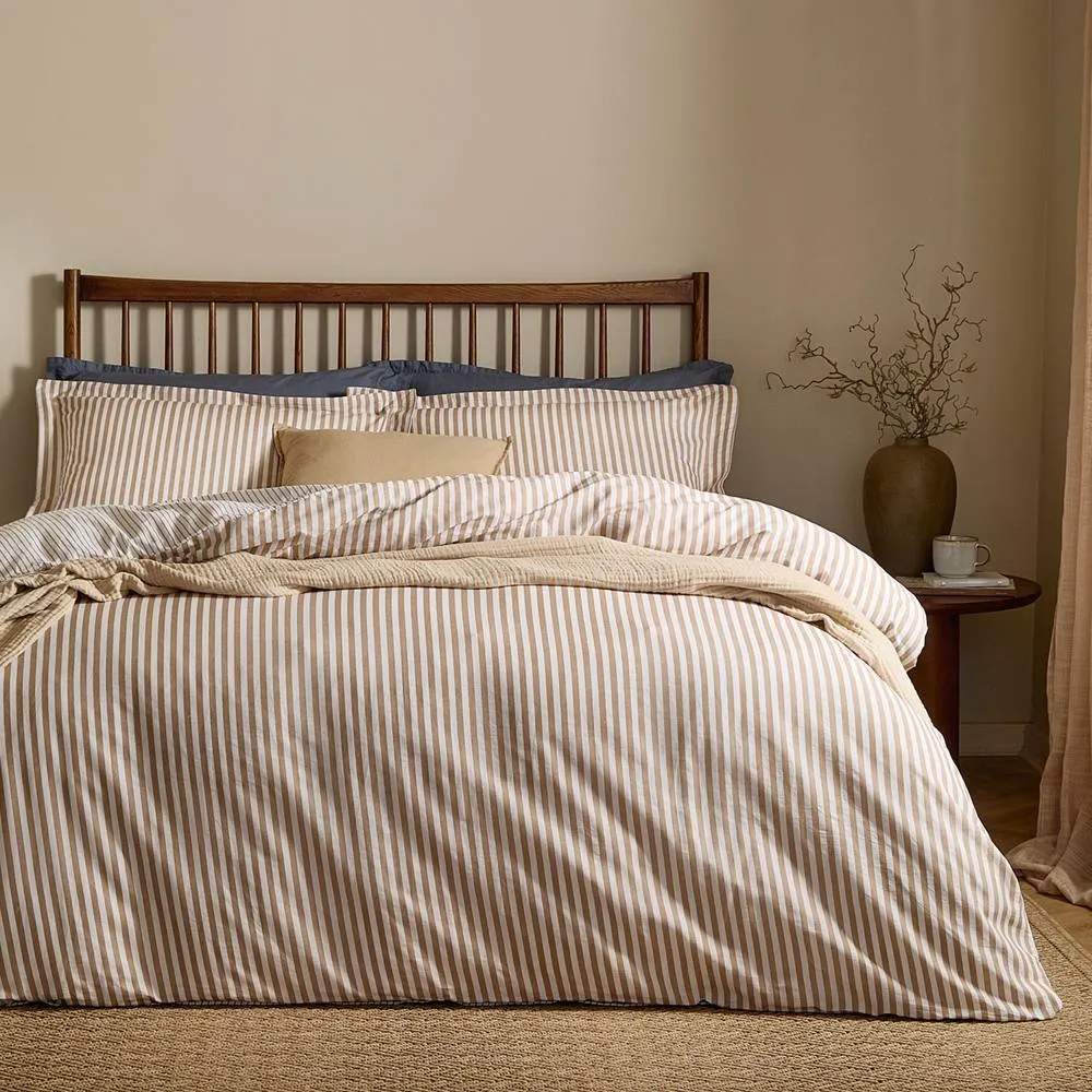 Yard Hebden Striped 100% Cotton Duvet Cover Set in Tan 1