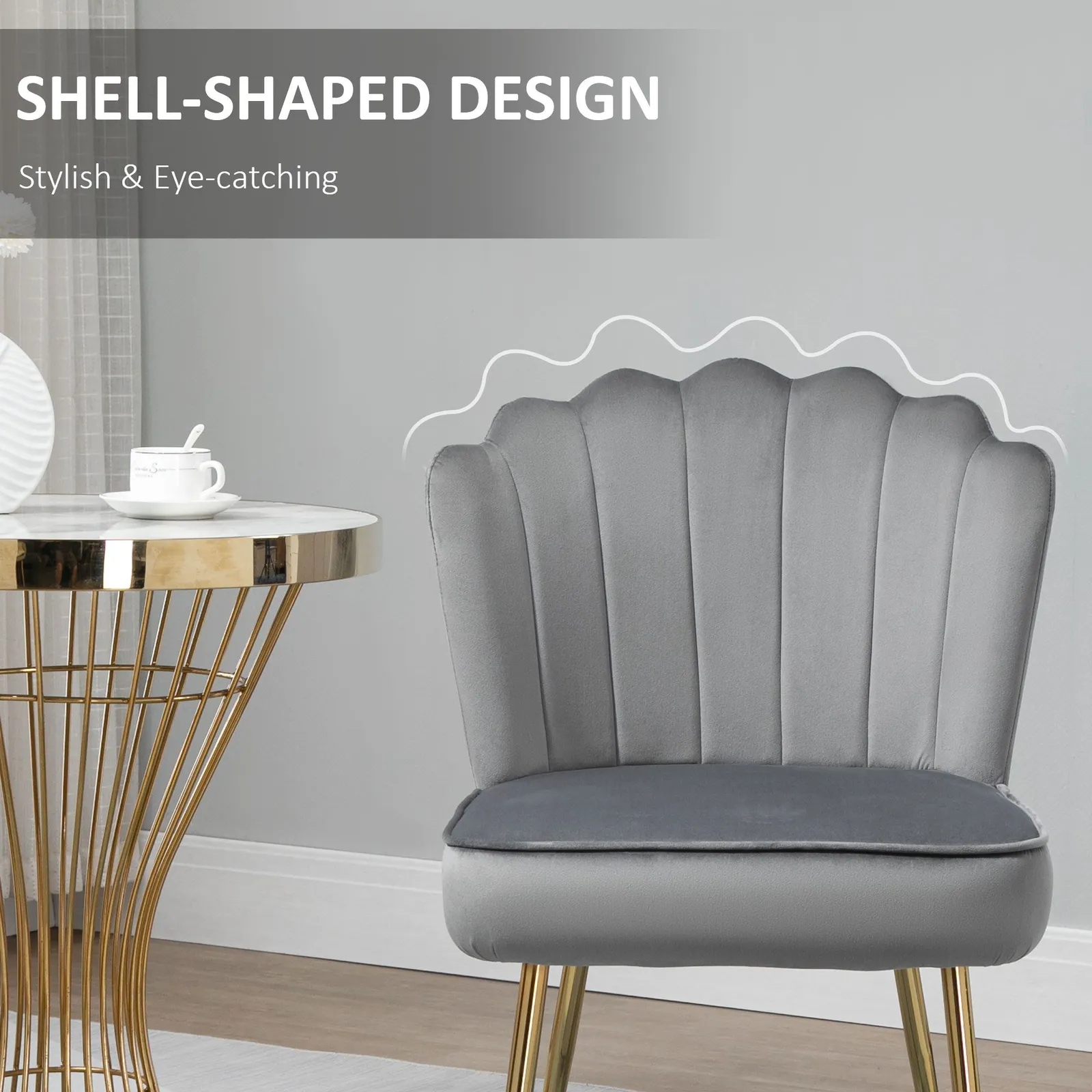 HOMCOM Velvet-Feel Shell Luxe Accent Chair Home Bedroom Lounge Metal Legs in Grey 5