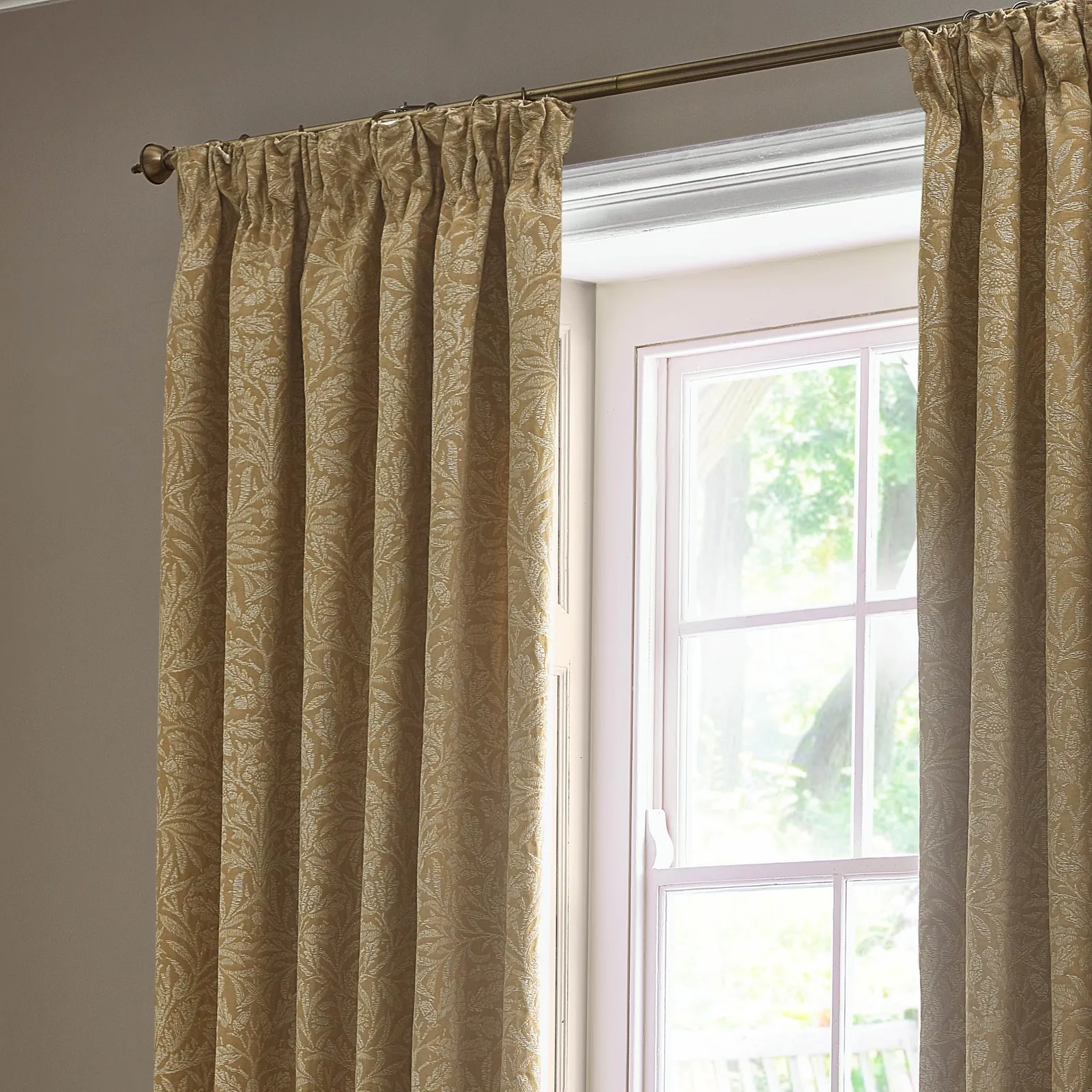 Morris & Co Acorn Tonal Fully Lined Matt Jacquard Pencil Pleat Curtains in Gold 3