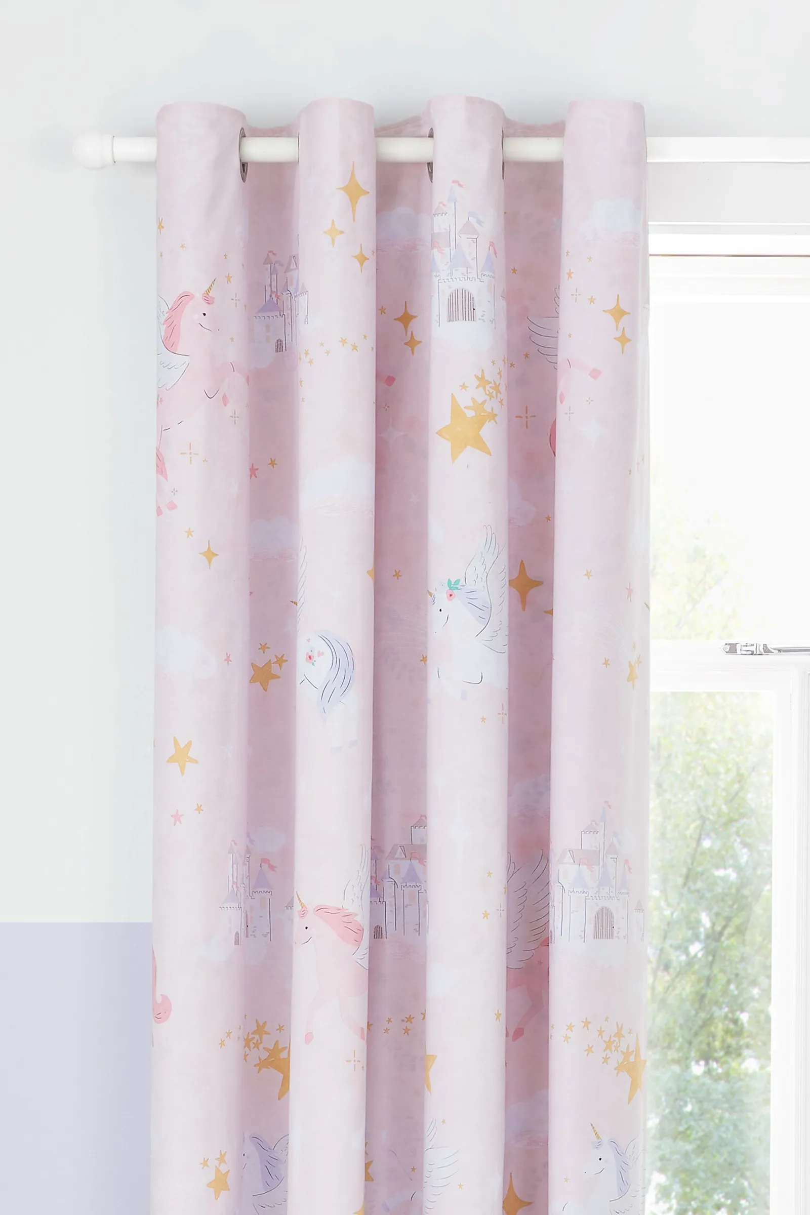Catherine Lansfield Fairytale Unicorn Reversible Lined Eyelet Curtains in Pink 3
