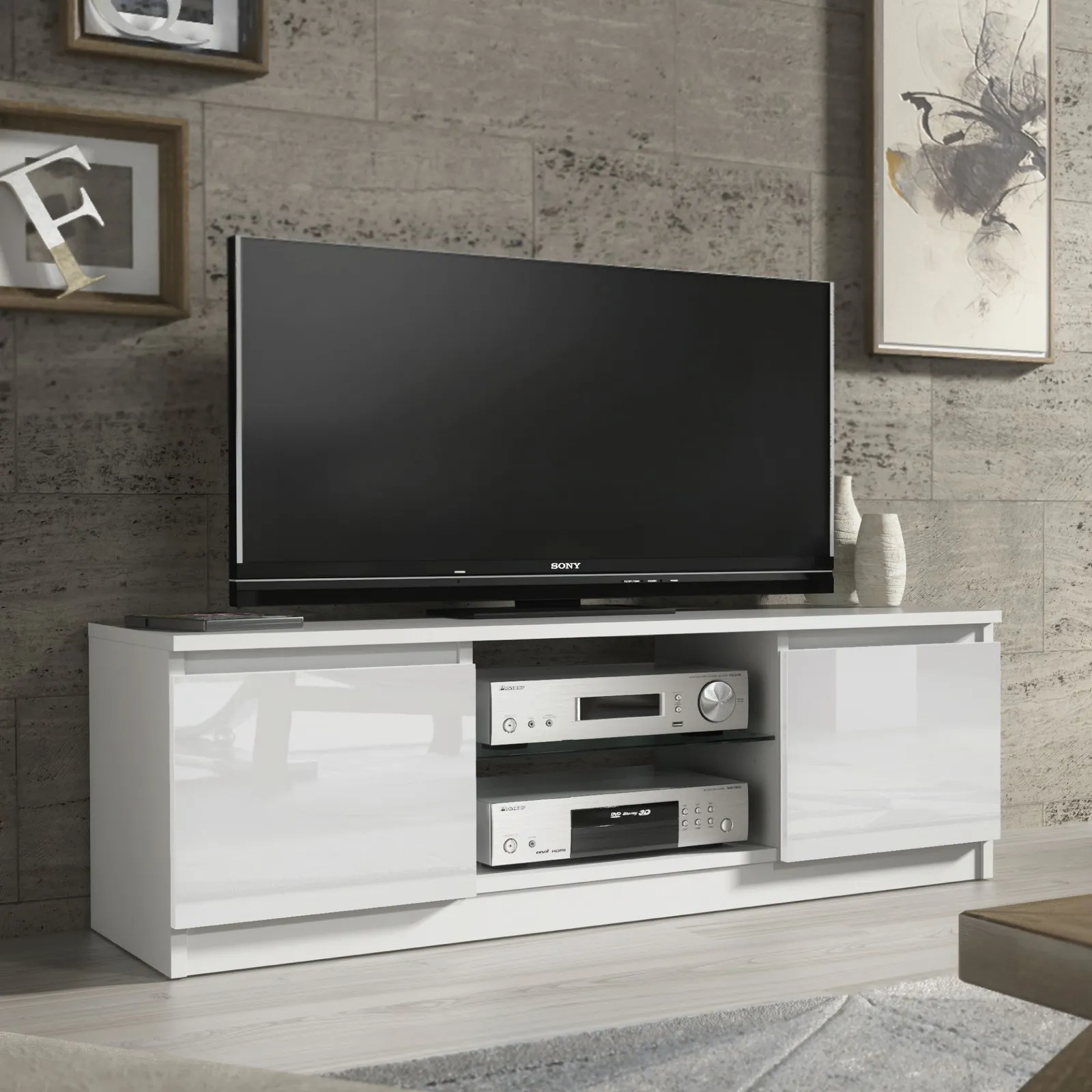 Creative Furniture TV Unit 120cm Modern - White with High Gloss Doors