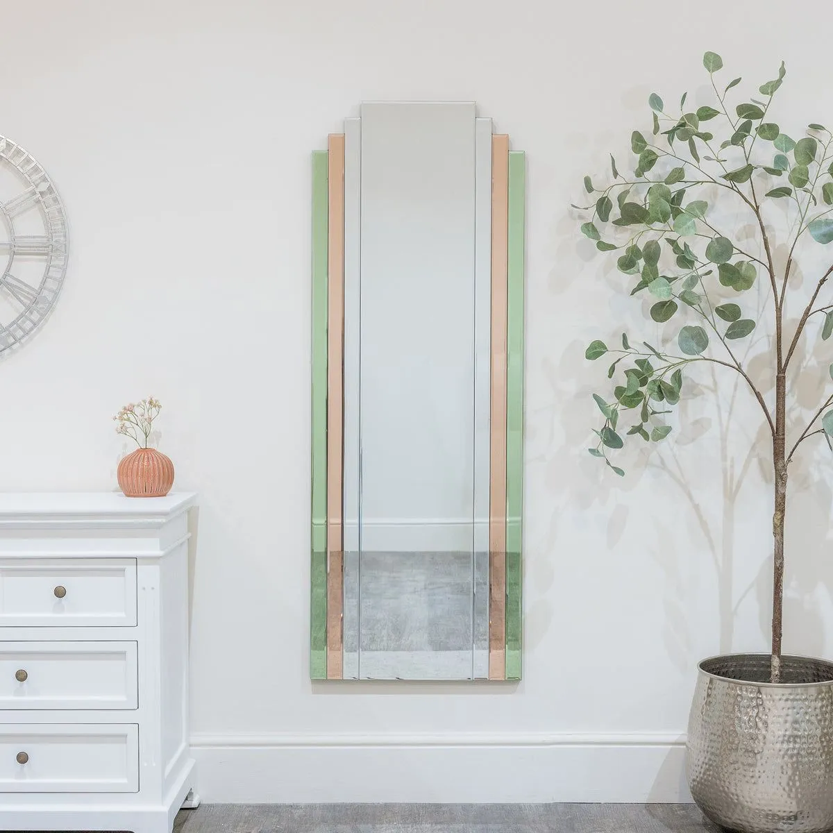 Melody Maison Large Frameless Pink & Green Glass Art Deco Wall Mirror 52cm X 142cm