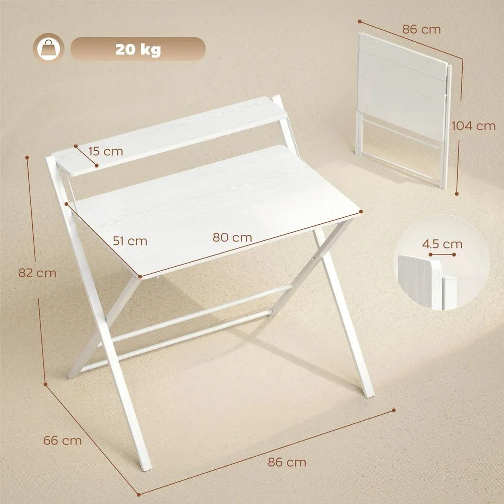 HOMCOM Folding Desk with 2-Tier Shelf for Home Office in White 3