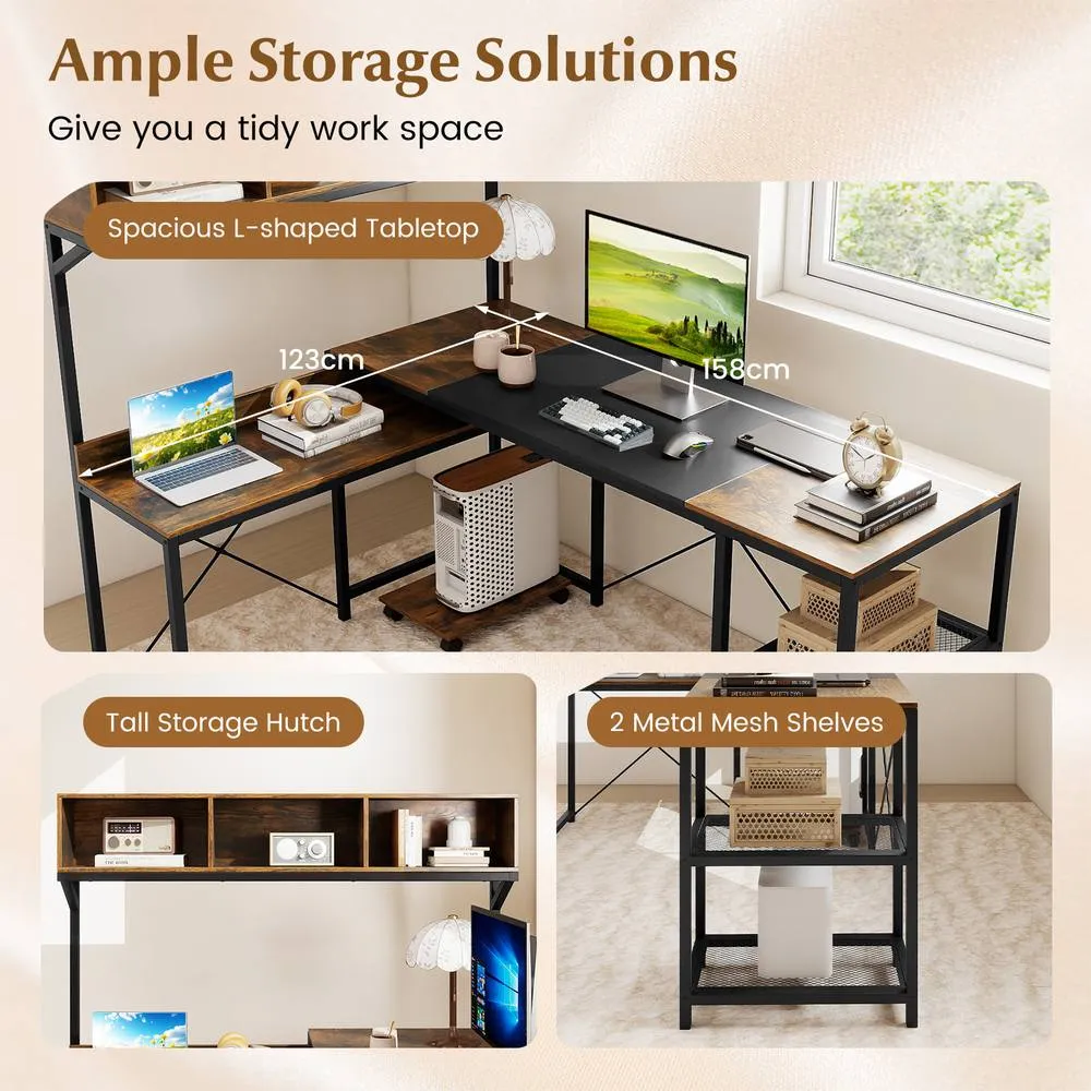 Costway L-Shaped Computer Desk Reversible Corner Workstation w/ Storage Hutch in Dark Brown 2