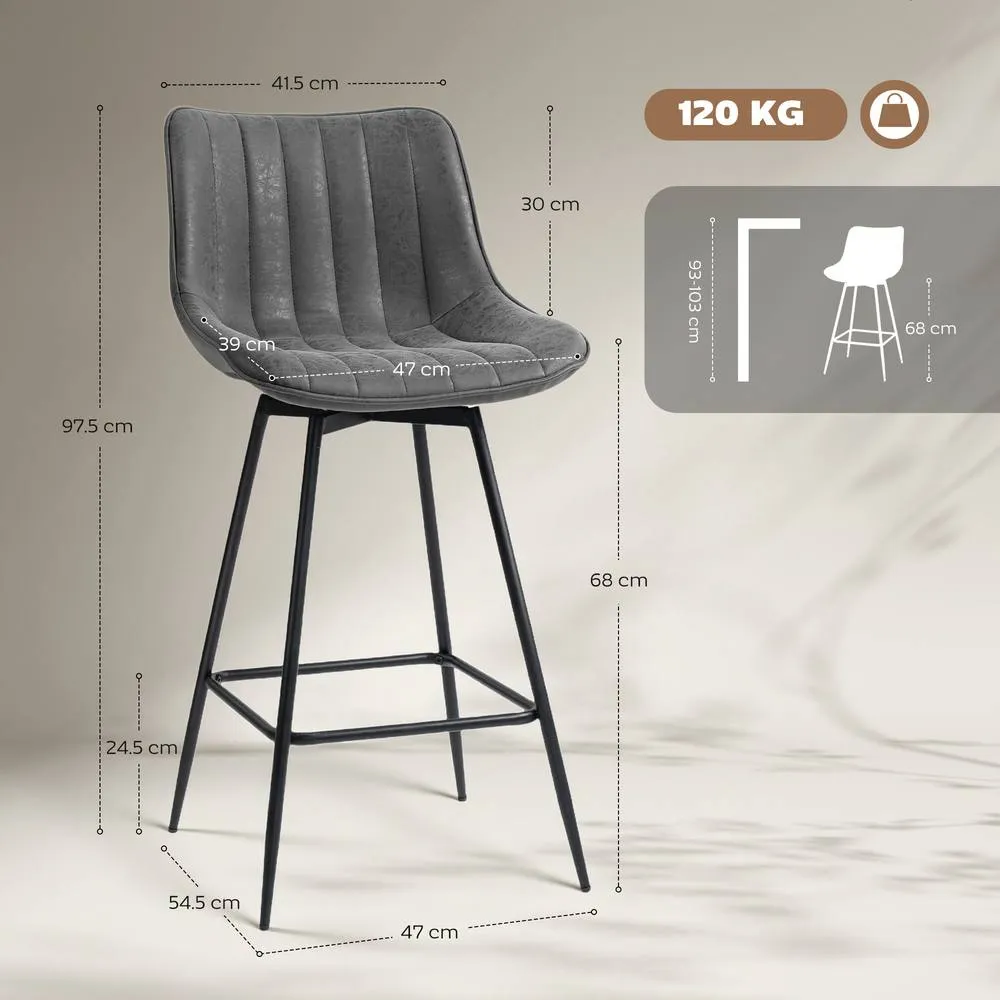 HOMCOM Swivel Bar Stools Set of 2, PU Leather Upholstered Bar Chairs, Grey 3