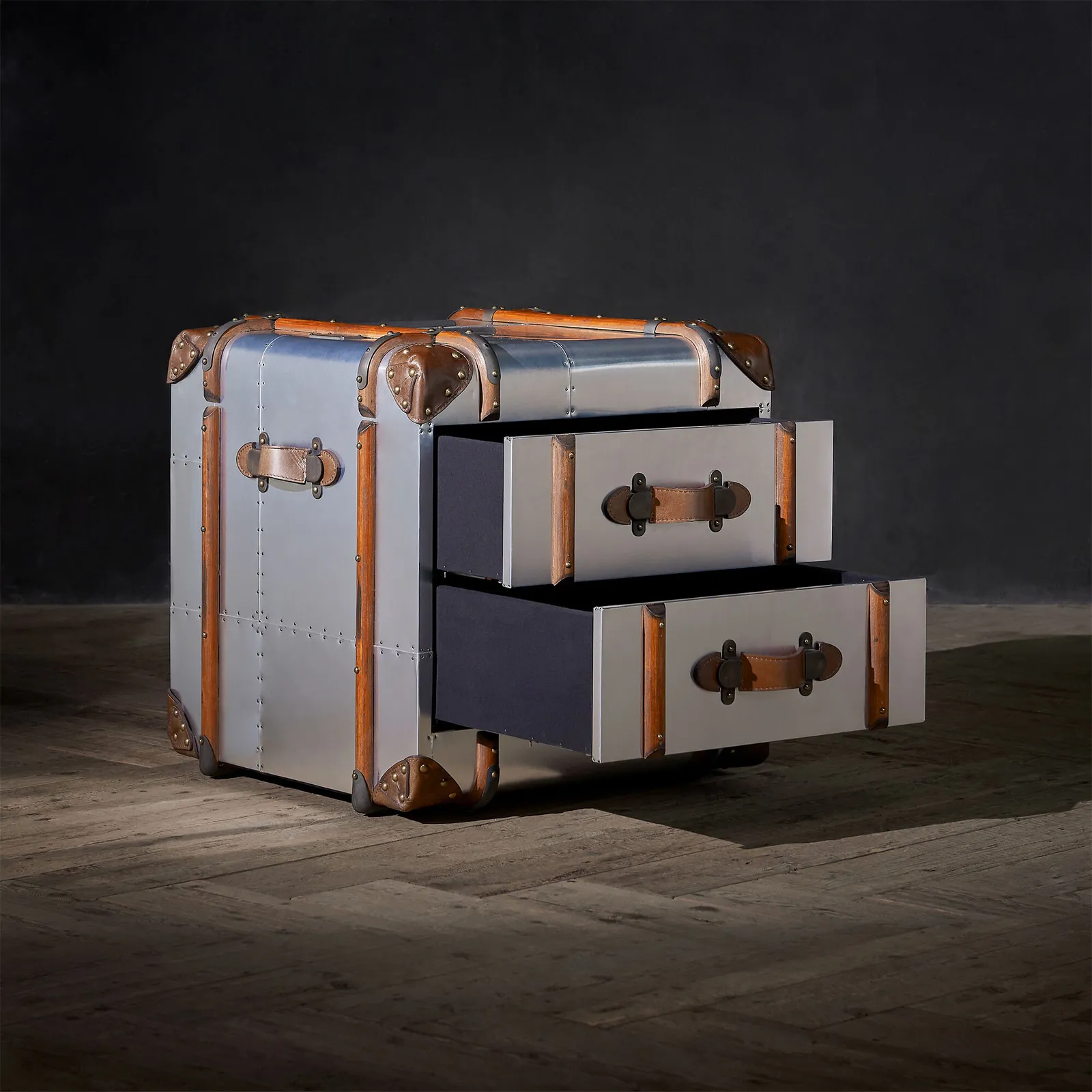 Timothy Oulton Globetrekker 2 Drawer Side Table, Silver Metal | Barker & Stonehouse 2