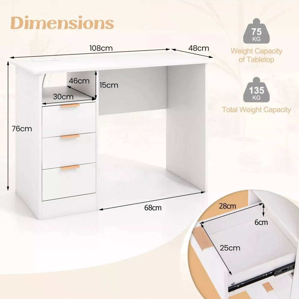 Costway Home Office Desk w/ Power Outlet Modern Computer Desk 3 Drawers Writing Table in White 2