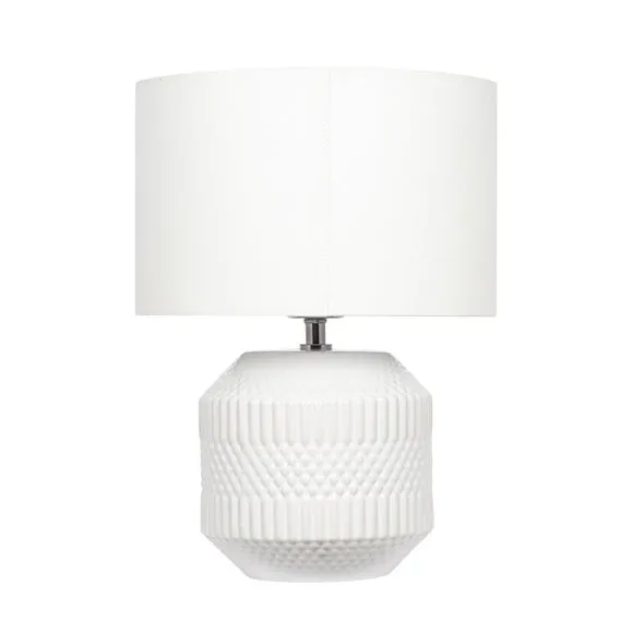 White Embossed Geo Ceramic Table Lamp, White 3