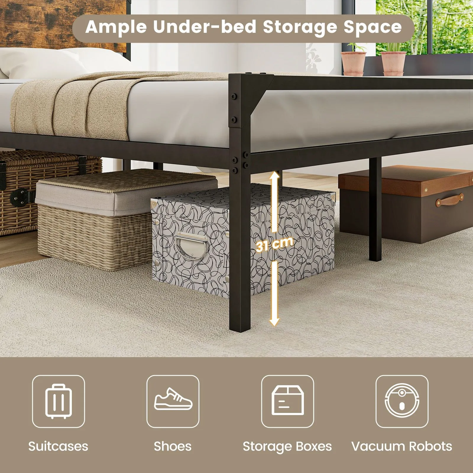 Costway Industrial Double Size Bed Frame Metal Platform Bed with 9 Support Legs in Brown 6