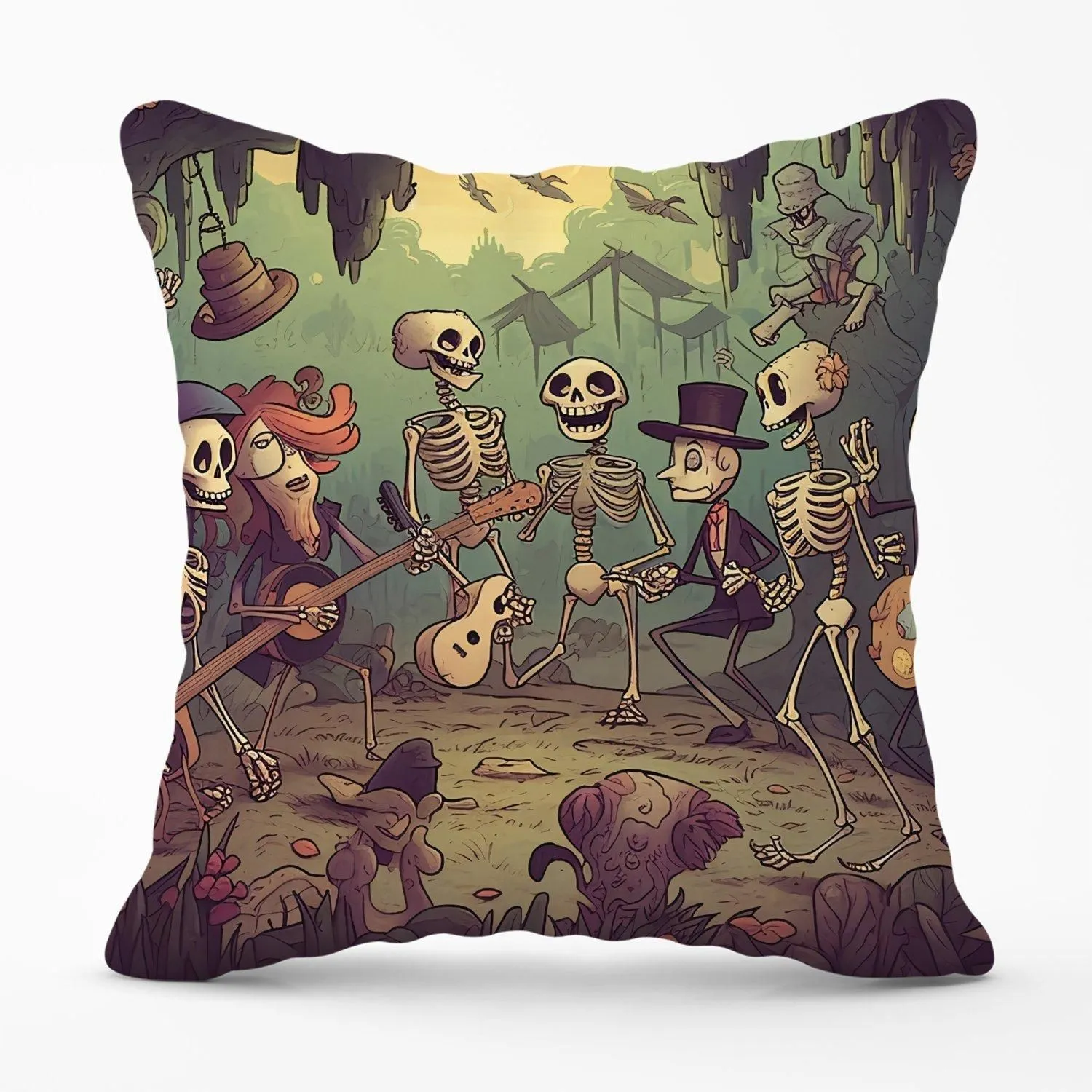 Warren Reed - Designer Cartoonish Skeletons Having A Party Outdoor Cushion in Blue