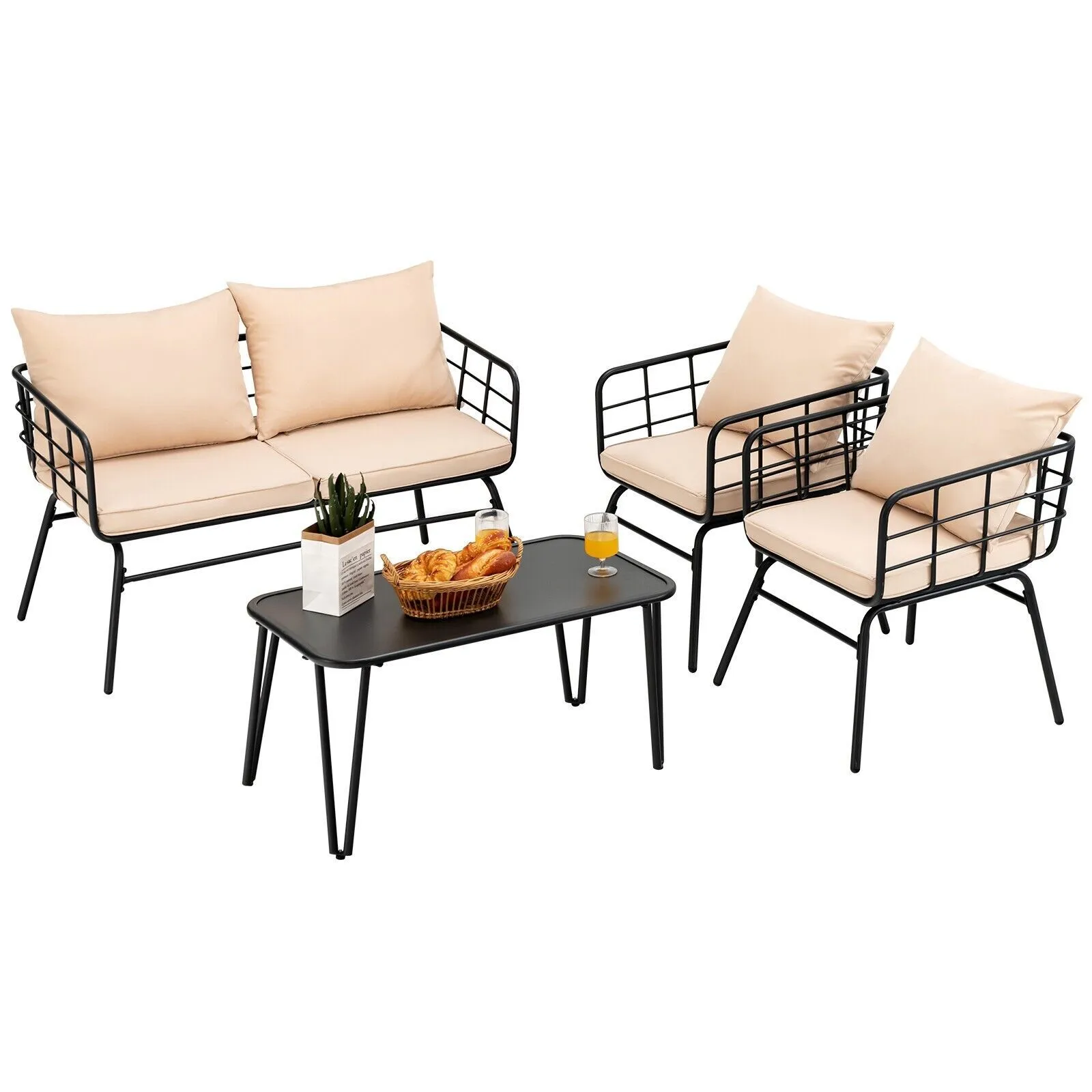 Costway 4 PCS Patio Conversation Set Outdoor Furniture Loveseat Coffee Table 2 Chairs in Beige