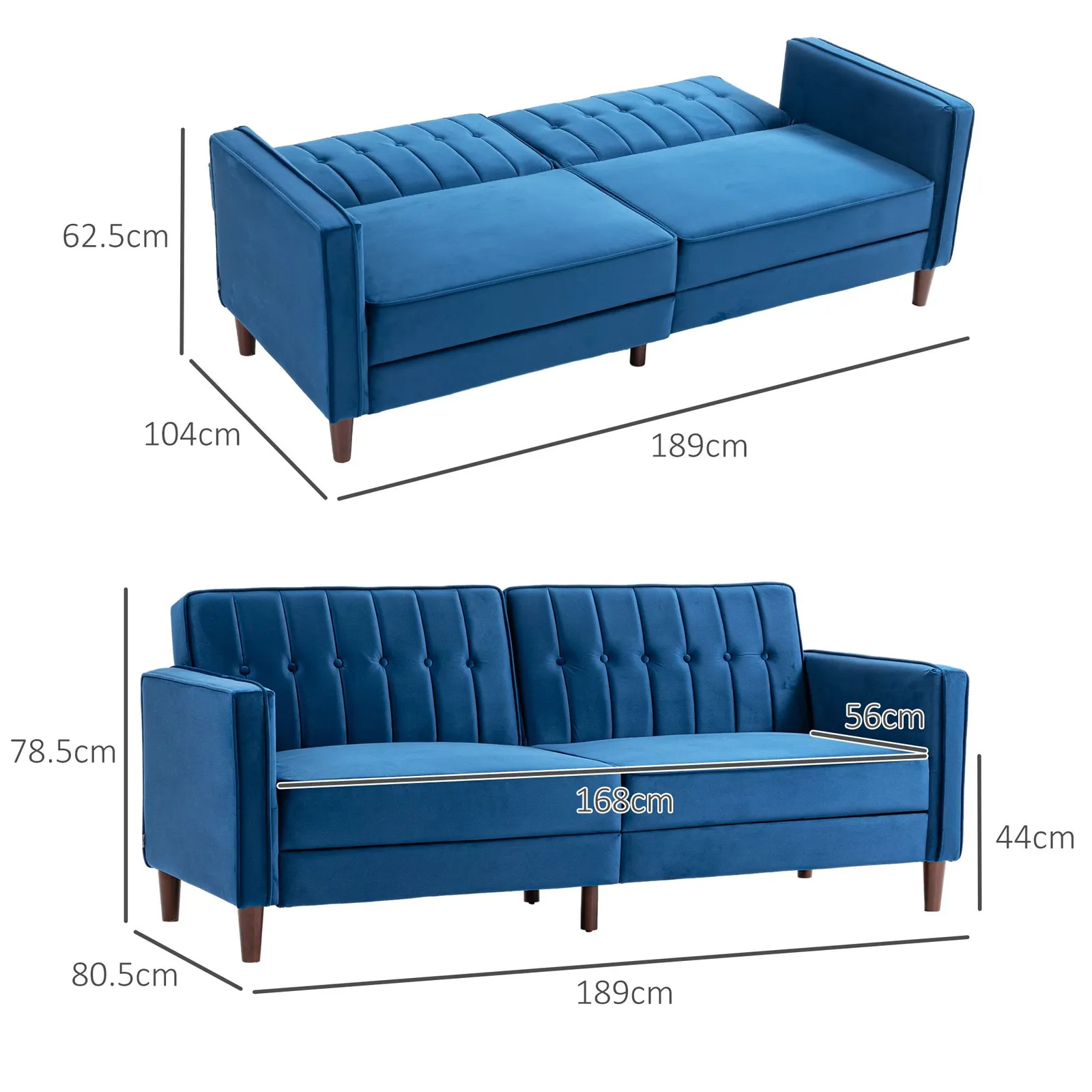 HOMCOM Convertible Sofa Futon Velvet-Touch Tufted Couch Sofa Bed Split Back in Blue 3
