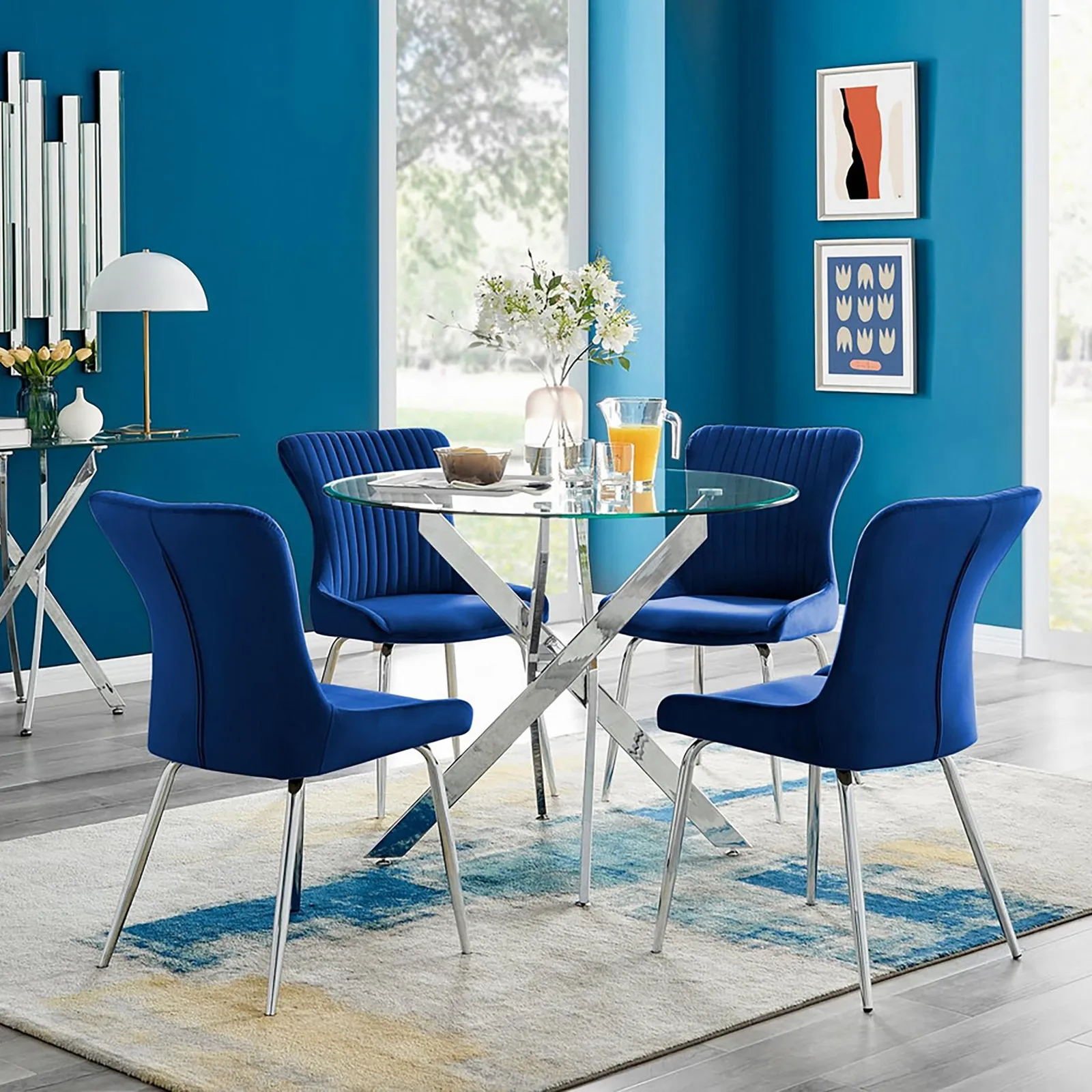 FurnitureboxUK Novara Round Glass Dining Table & 4 Nora Silver Leg Chairs in Blue 1