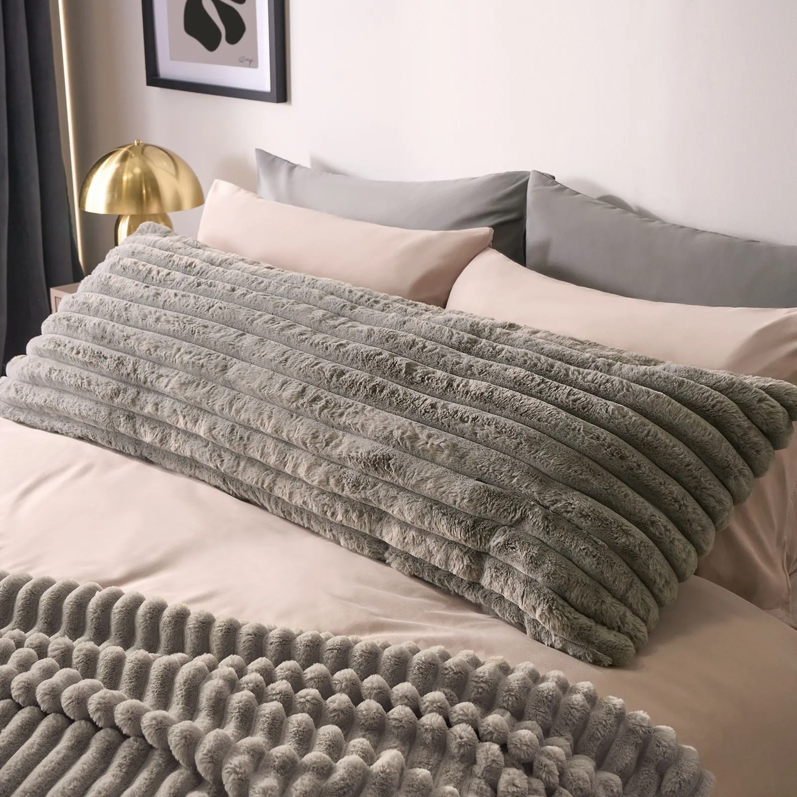 OHS Ribbed Faux Fur Bolster Pillow Soft Maternity Support Cushion in Grey