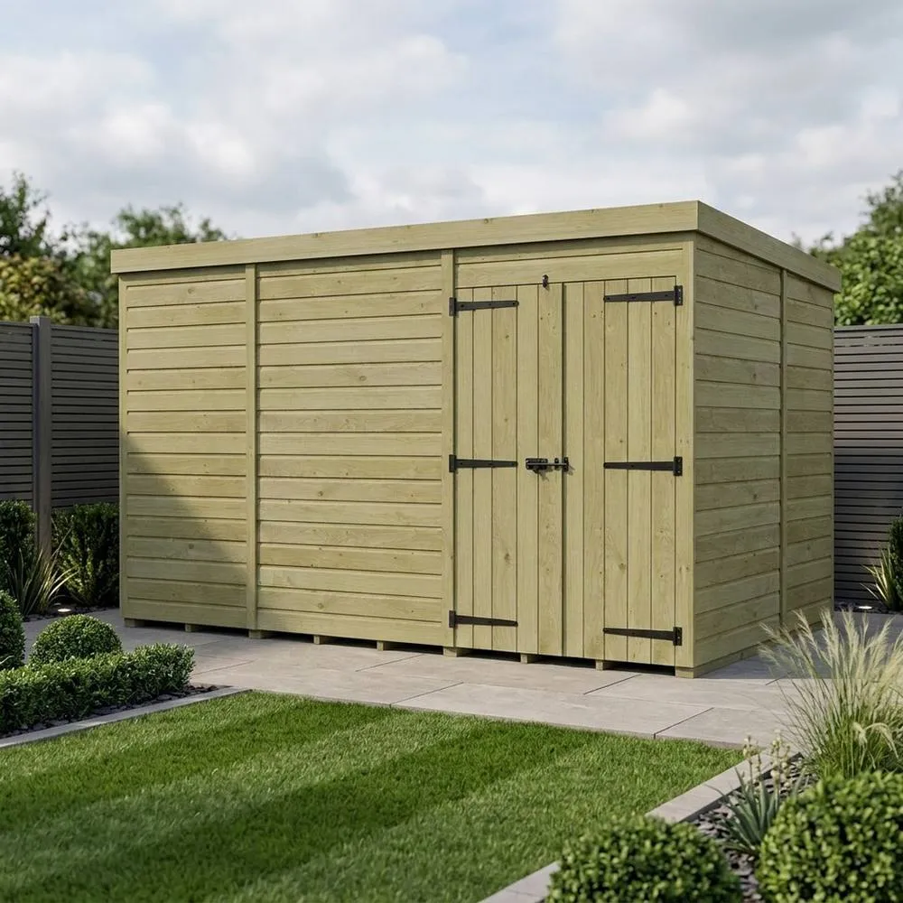 Buttercup Farm 13ft x 9ft Pent Garden Shed Double Door With Windows - Timber in Brown 2