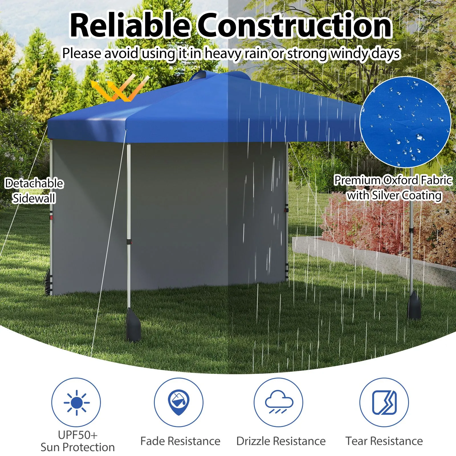 Costway 300 x 300 cm Pop up Canopy Tent w/ 1 Sidewall & Wheeled Bag in Blue 5