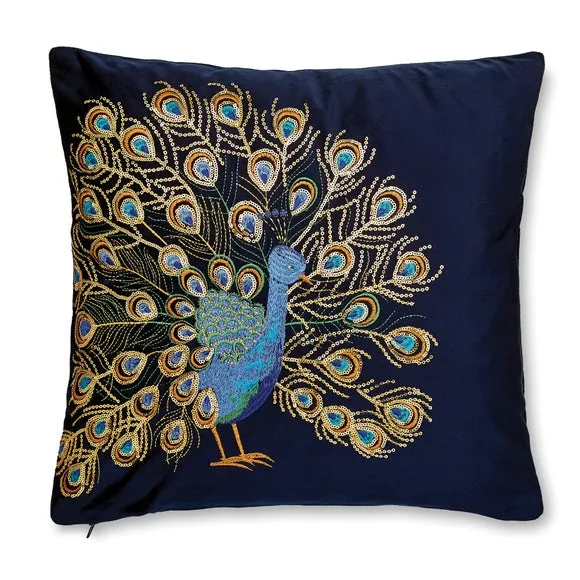 Navy Embroidered Peacock Cushion 3