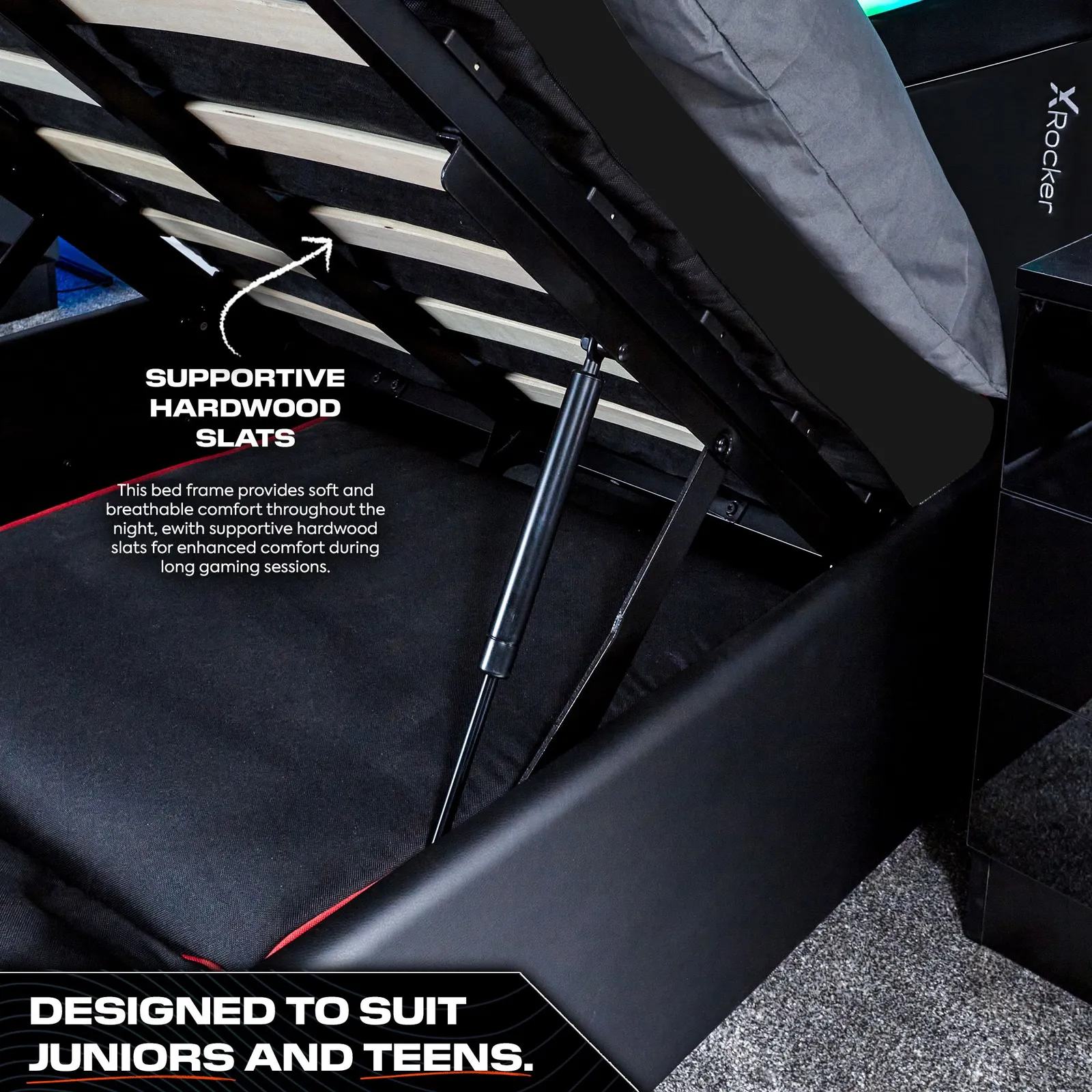 X Rocker Cosmos Ottoman Bed with LED Lighting, Storage & Mattress in Black 5
