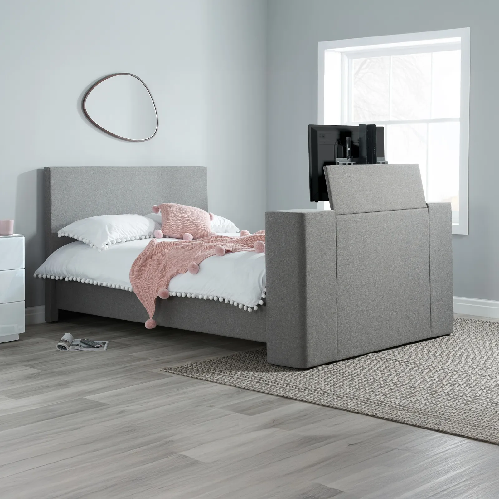 Plaza - Double - Electric Media TV Bed - Grey - Fabric - 4ft6 - Happy Beds