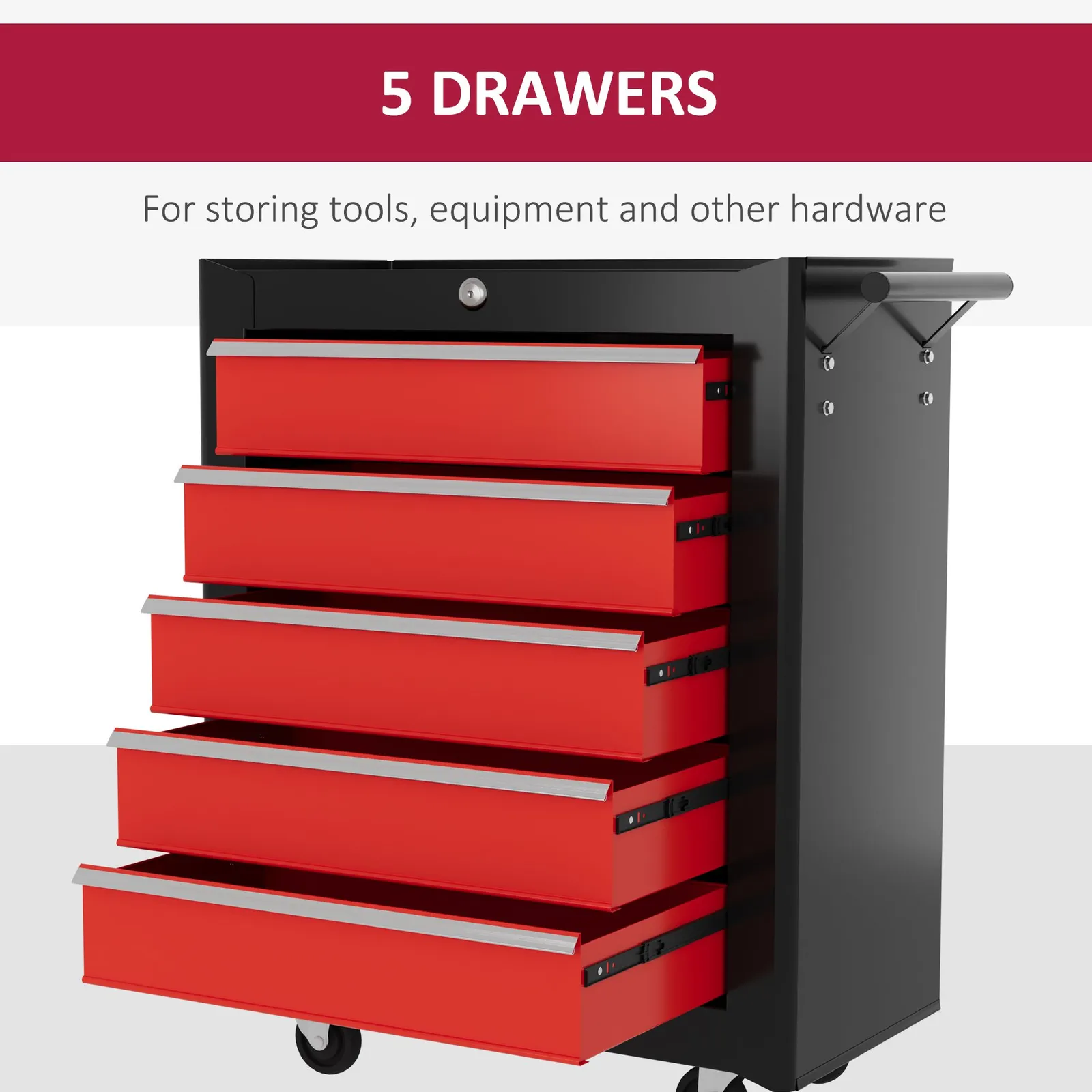 HOMCOM 5-Drawer Tool Chest Steel Lockable Tool Storage Cabinet w/ Wheels in Red 4