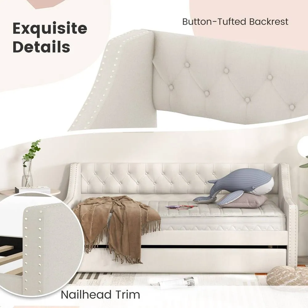 Costway Linen Upholstered Daybed Single Size Trundle Bed Sofa Bed Frame in Beige 4