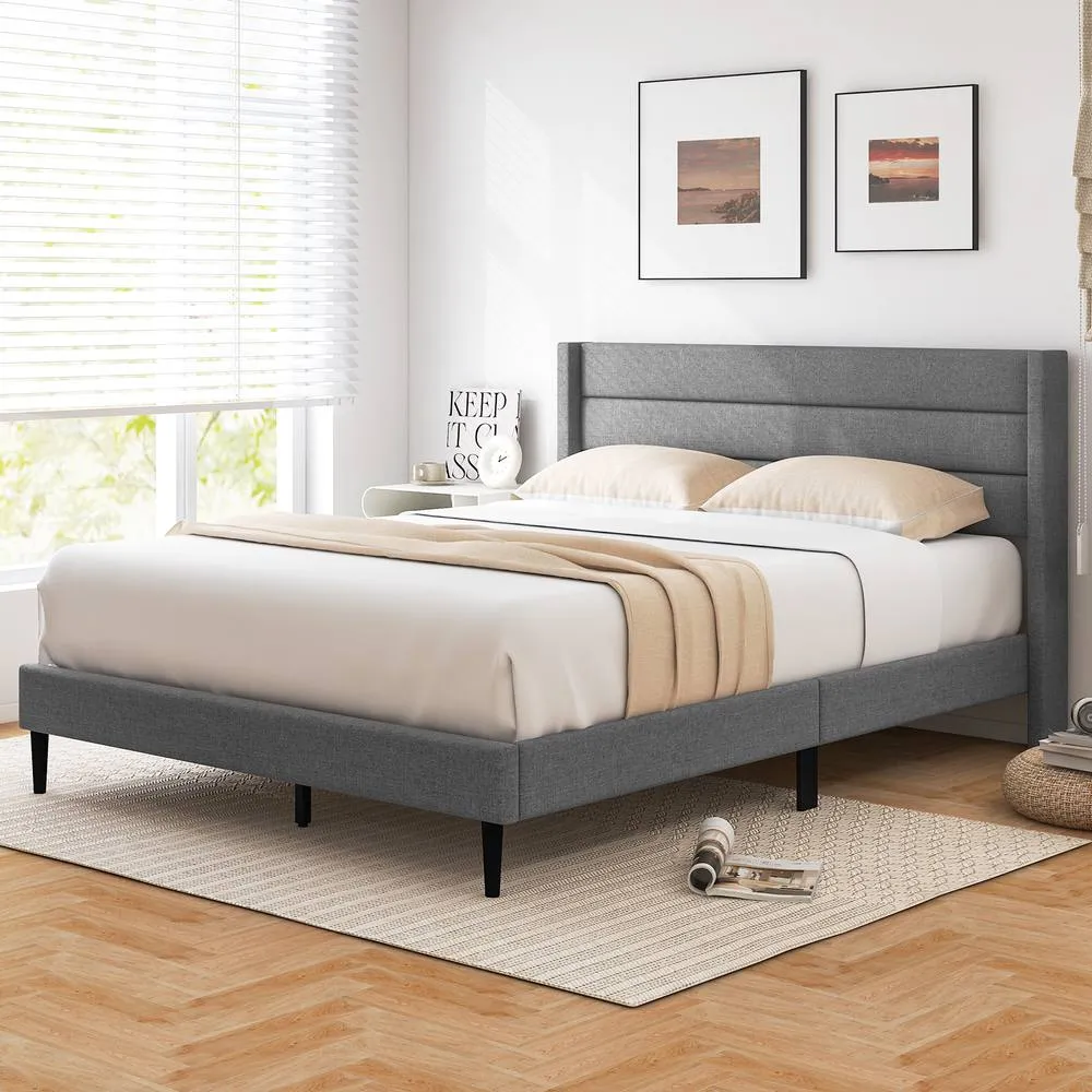 Costway Double Bed Frame Linen Upholstered Platform Bed w/Headboard in Grey 2