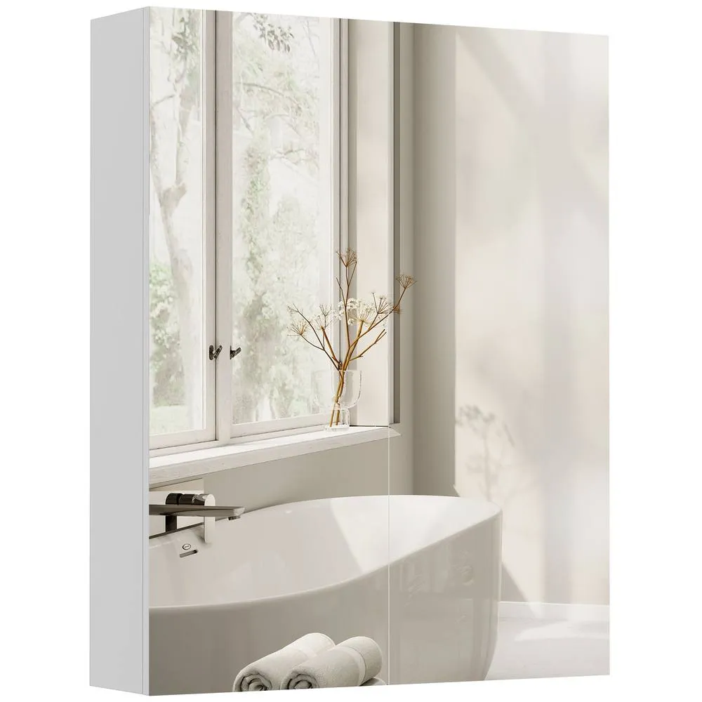 HOMCOM Wall Mounted Bathroom Mirror Storage Cabinet w/ Door Adjustable Shelf in White 2