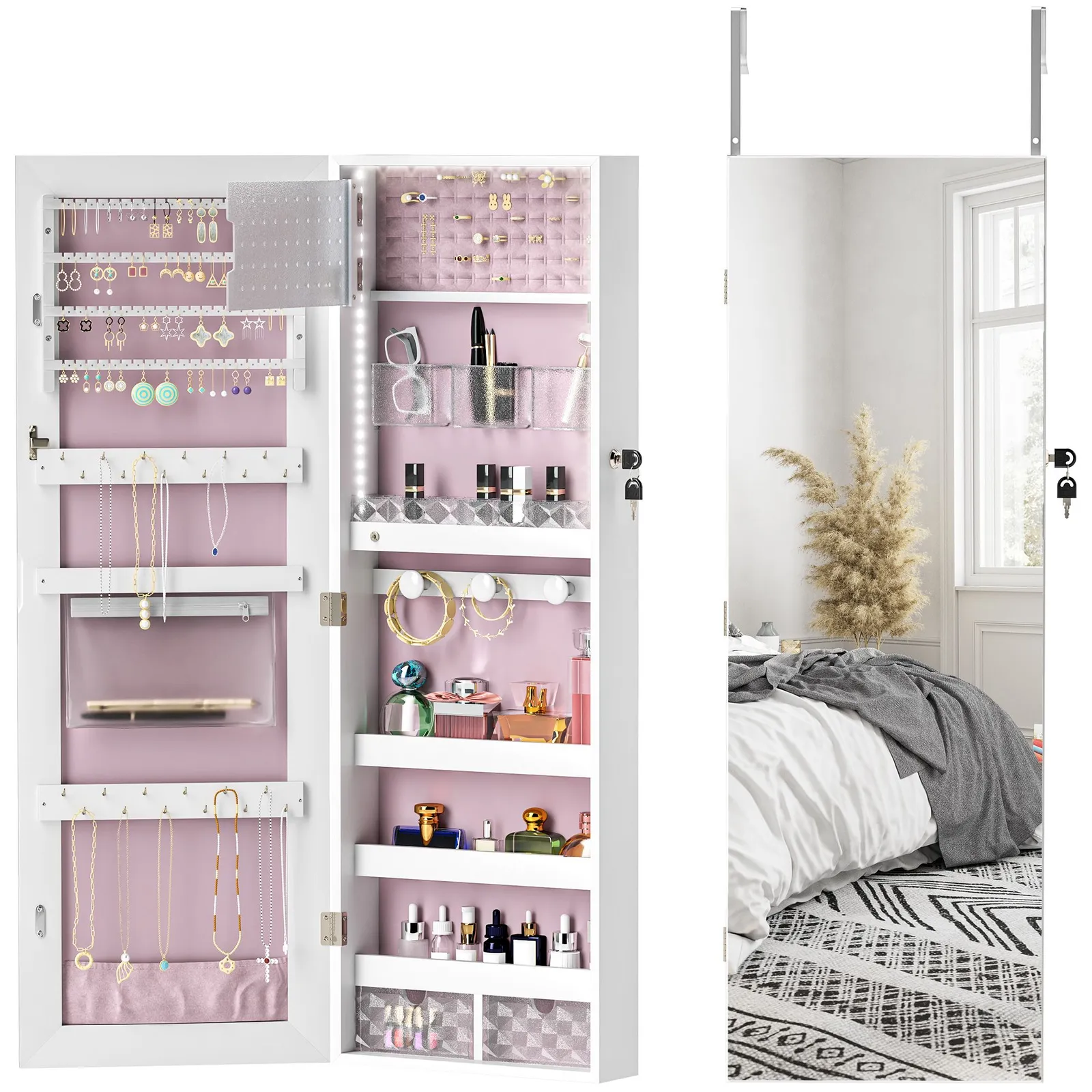 HOMCOM Door Hanging or Wall Mounted Jewellery Cabinet w/ Mirror in White 2