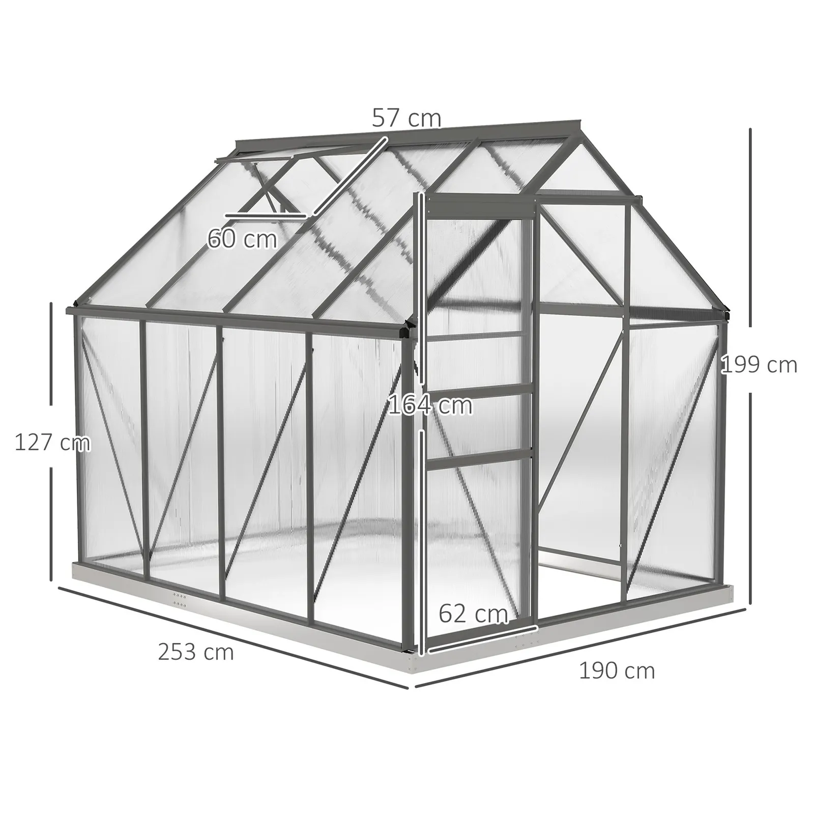 OUTSUNNY Polycarbonate Walk-in Garden Greenhouse w/ Sliding Door Dark Grey 3