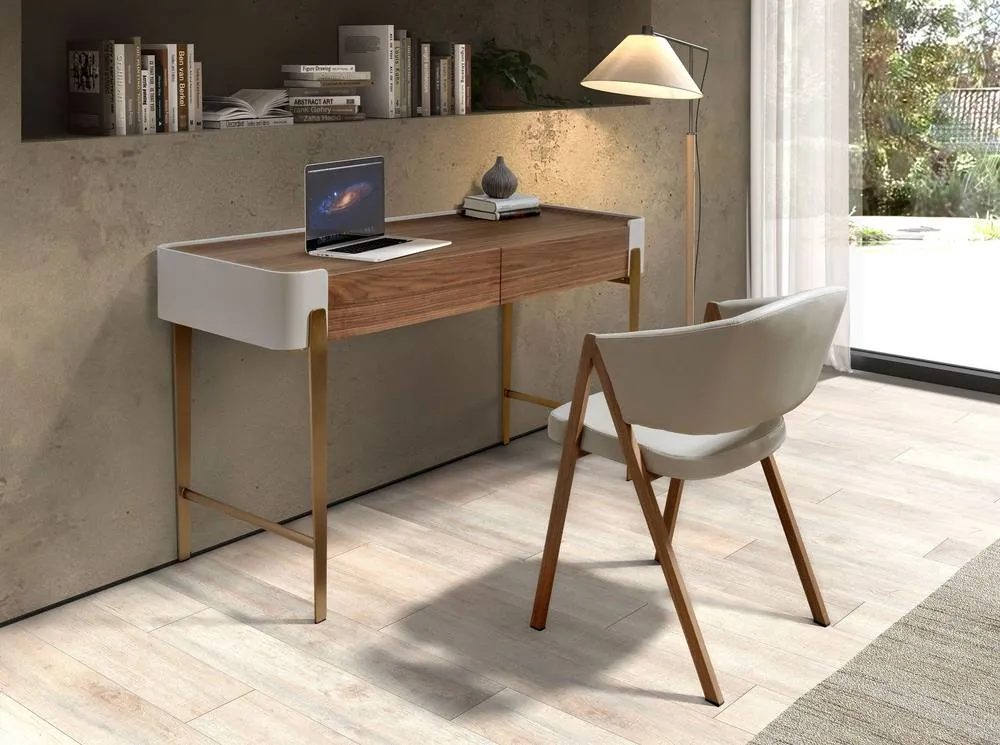 Angel Cerda Walnut Veneer Desk with Beige Lacquer & Gold 6