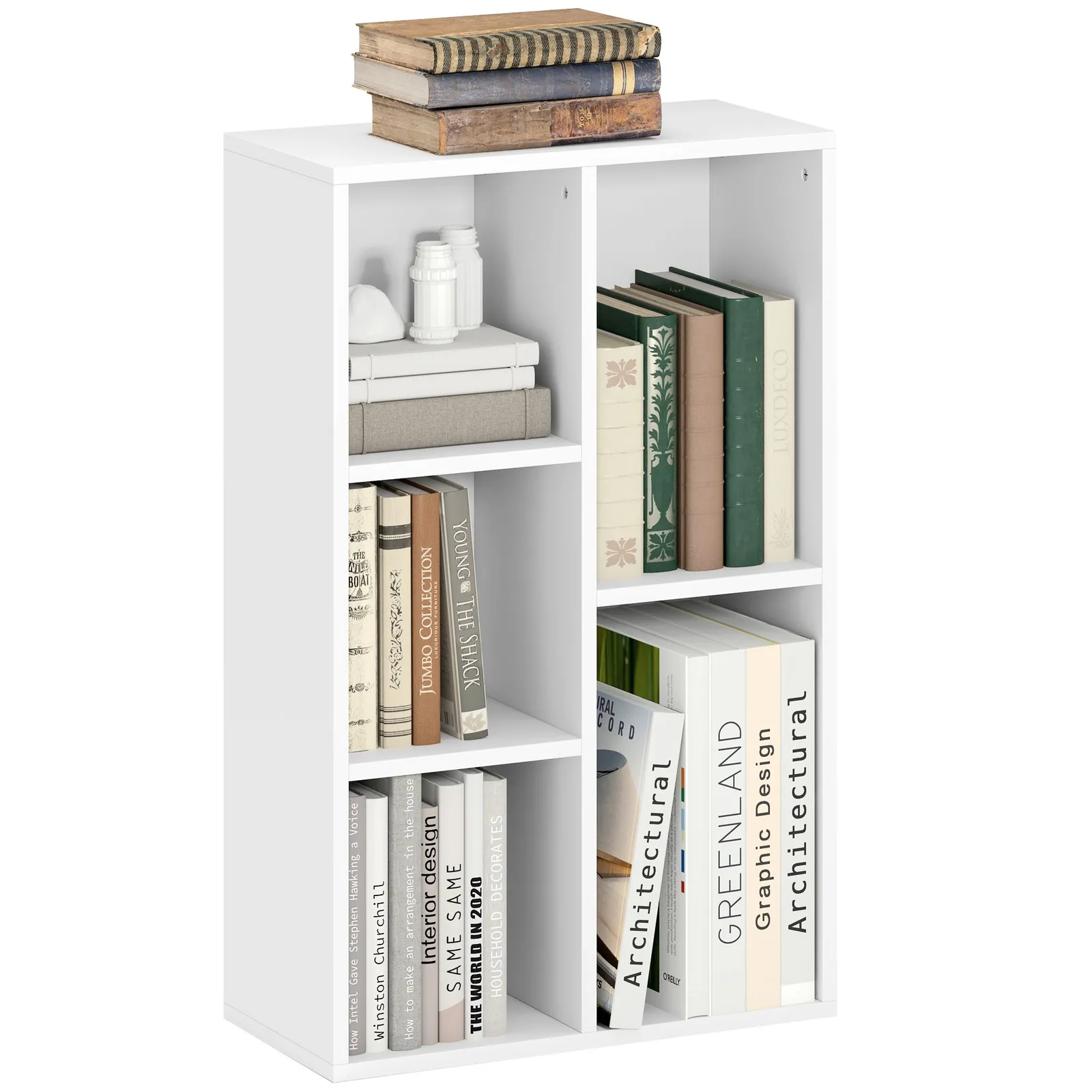 HOMCOM 2-Tier Bookshelf with 5 Open Storage Compartments in White 2