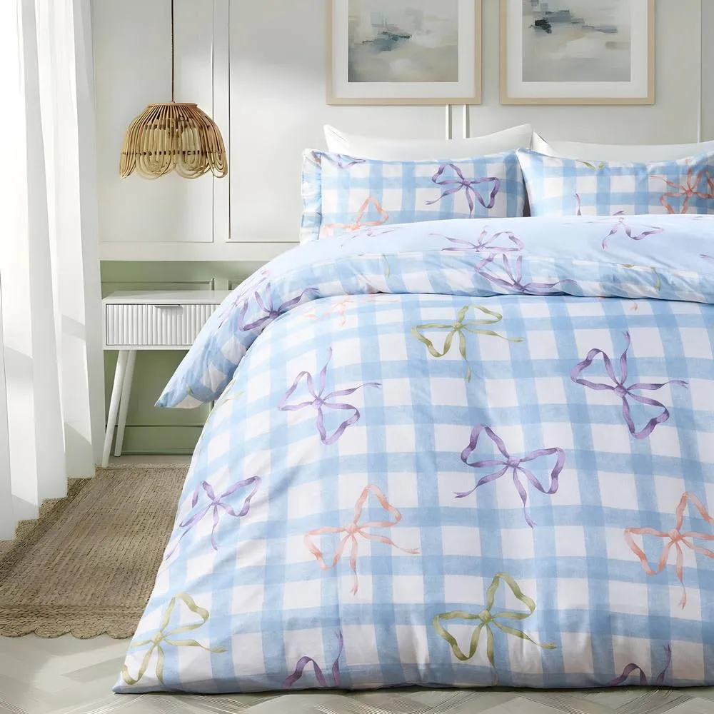 OHS Bow Gingham Bedding Set Microfibre Duvet Cover with Pillowcase in Baby Blue