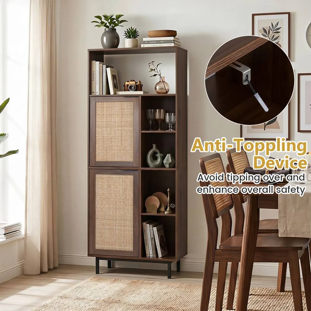 Costway Wooden Floor Cabinet w/Adjustable Shelves 5 Cubes Rattan Bookcase in Brown 5