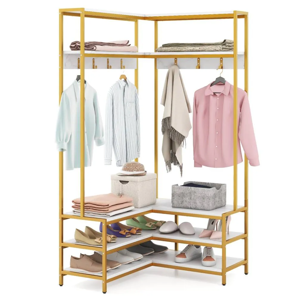 Costway Corner Garment Rack L-shaped Clothes Rack w/ Open Shelves-White in White