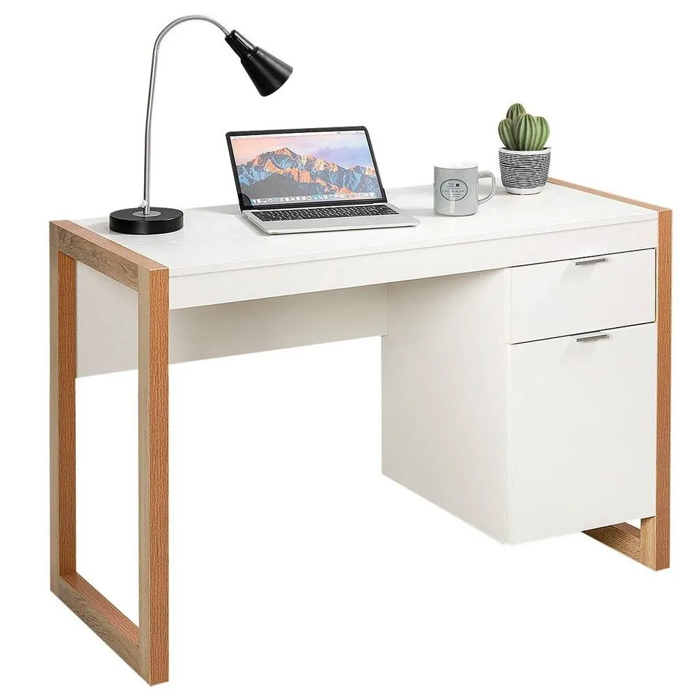 Costway Modern Workstation Desk w/ Storage Cabinet & Drawer Sturdy Structure Home Office in White 4