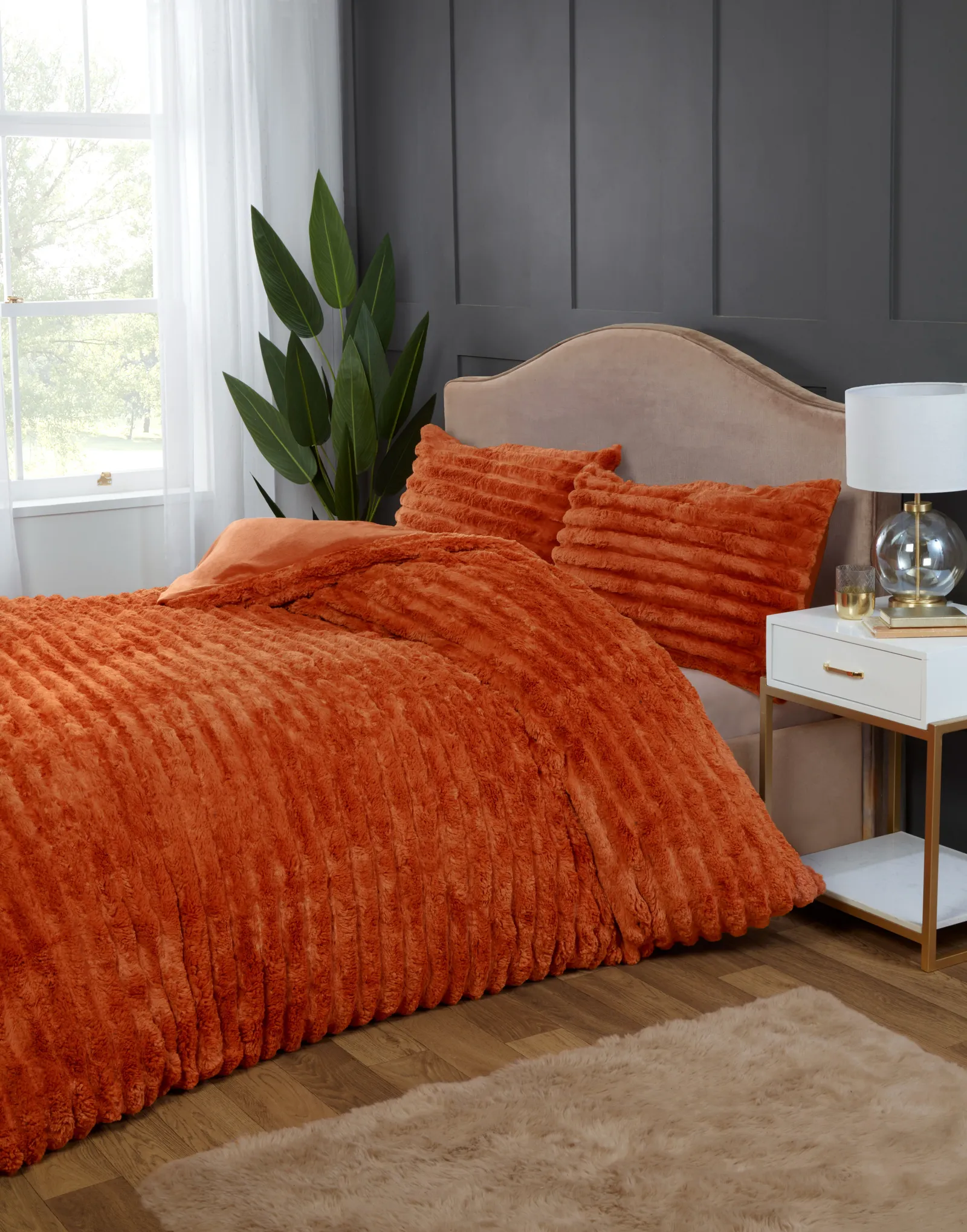 Rapport Home Chunky Ribbed Fur Polyester Soft & Cozy Duvet Cover Set With Pillowcase in Orange 3